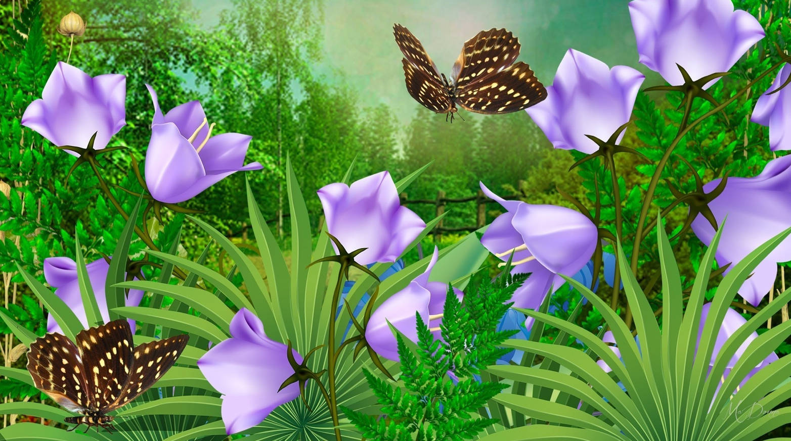 bell flower, vibrant purple, spotted butterflies, HD Desktop Wallpaper