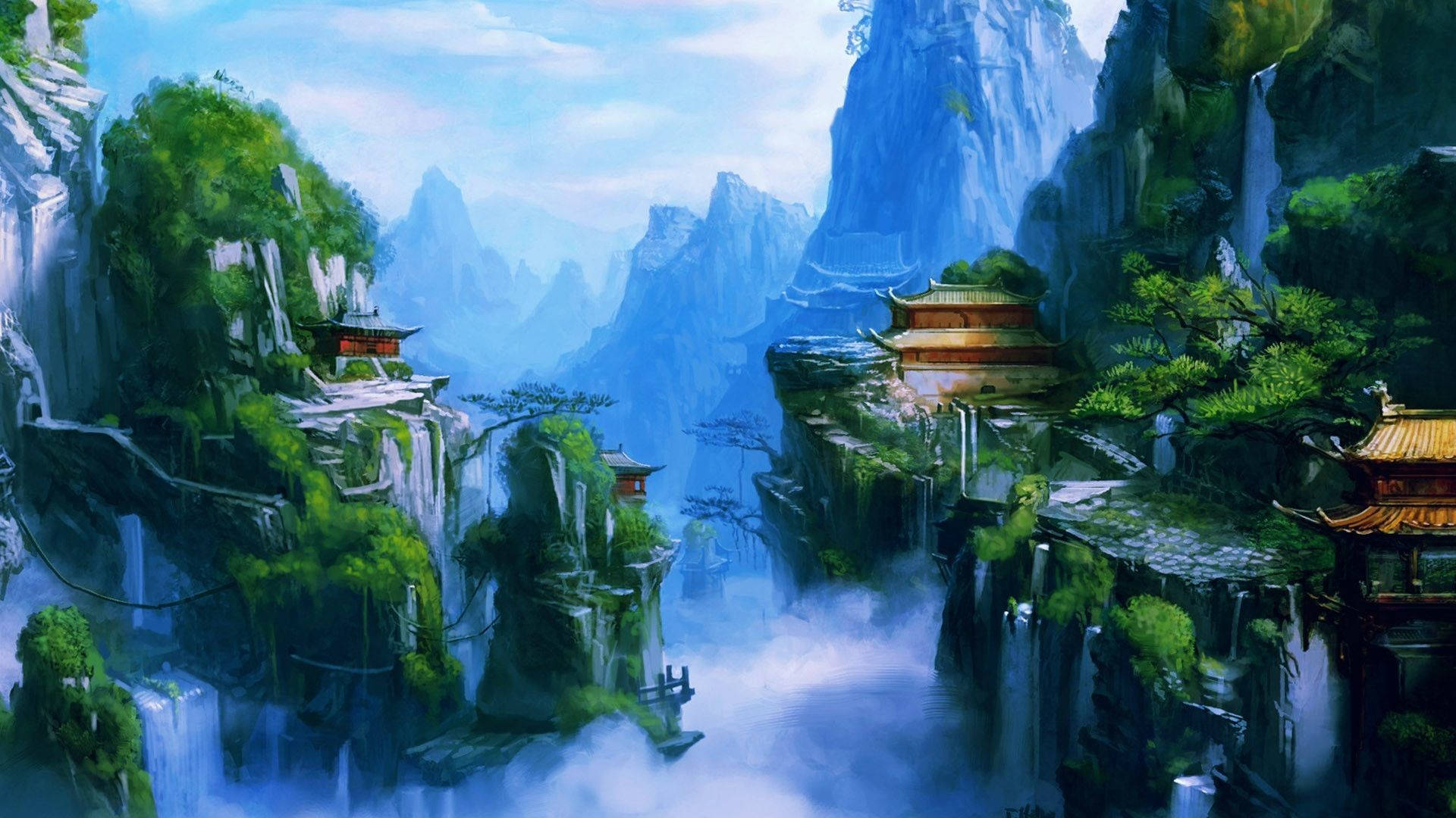 waterfalls, 3d Nature, ancient oriental temples, Full HD Desktop Wallpaper