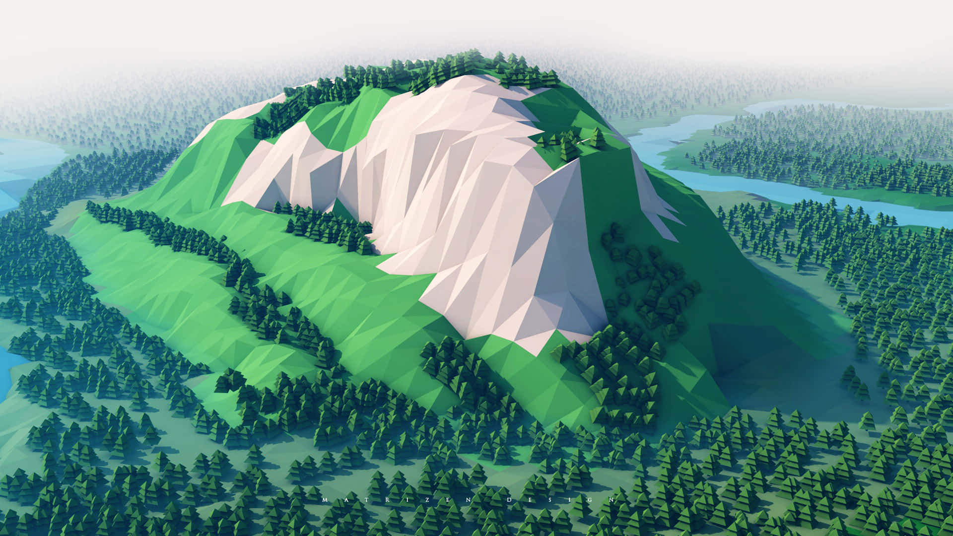 3D landscape, low-poly mountain, green slopes, Full HD Desktop Wallpaper
