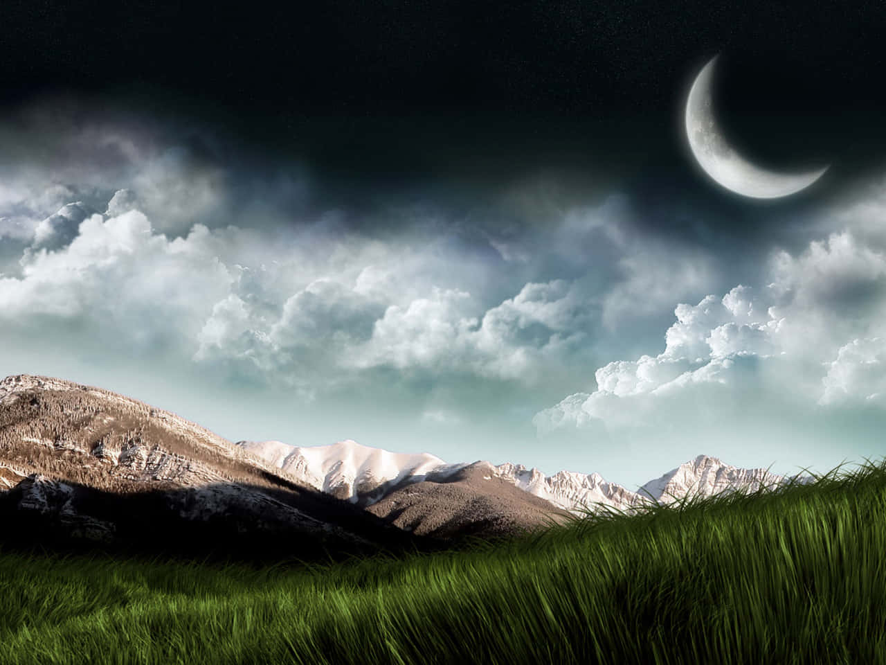 crescent moon, snow capped mountains, dramatic clouds, HD Desktop Wallpaper