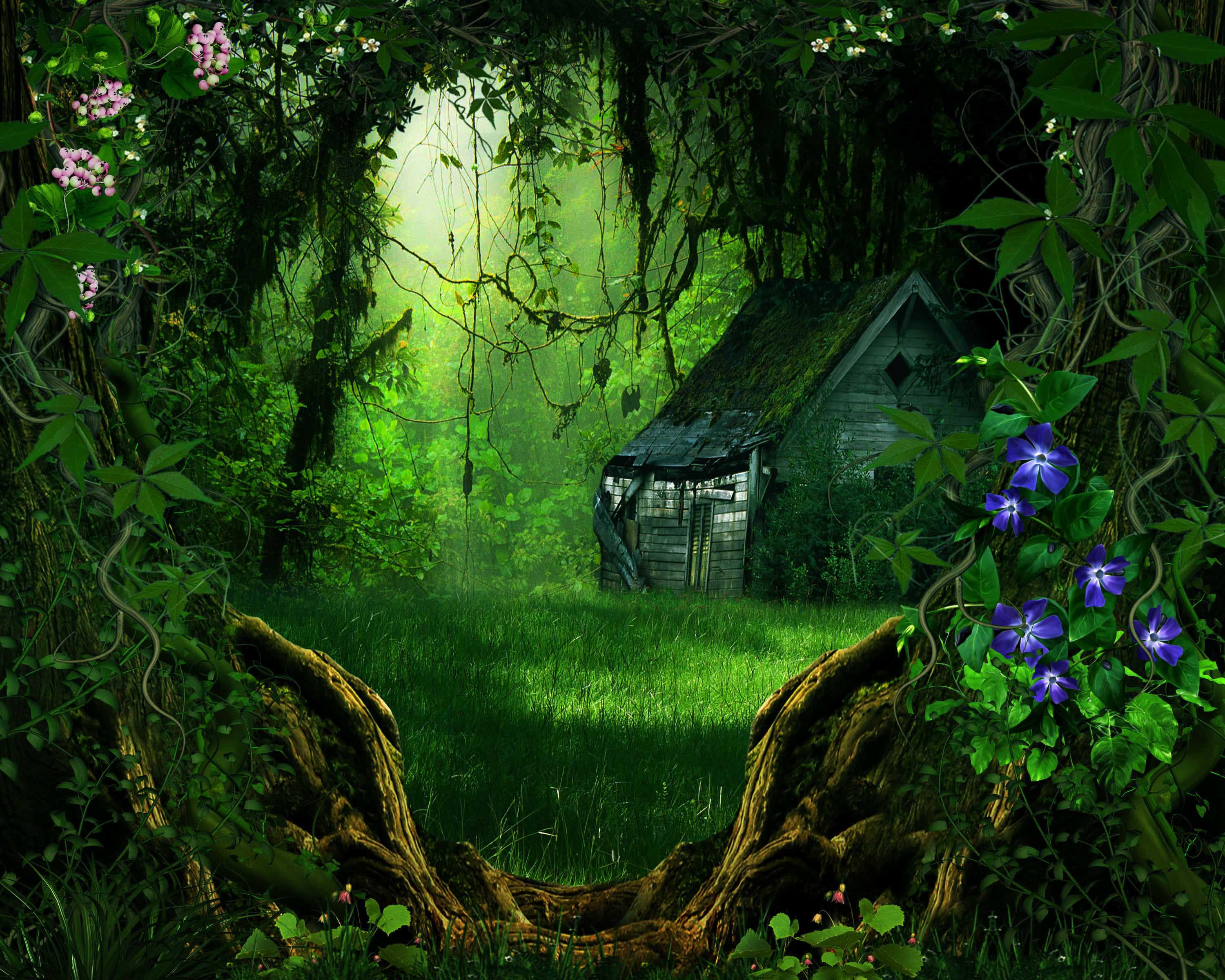 3d forest, mossy wooden cabin, lush green forest, 2K Desktop Wallpaper