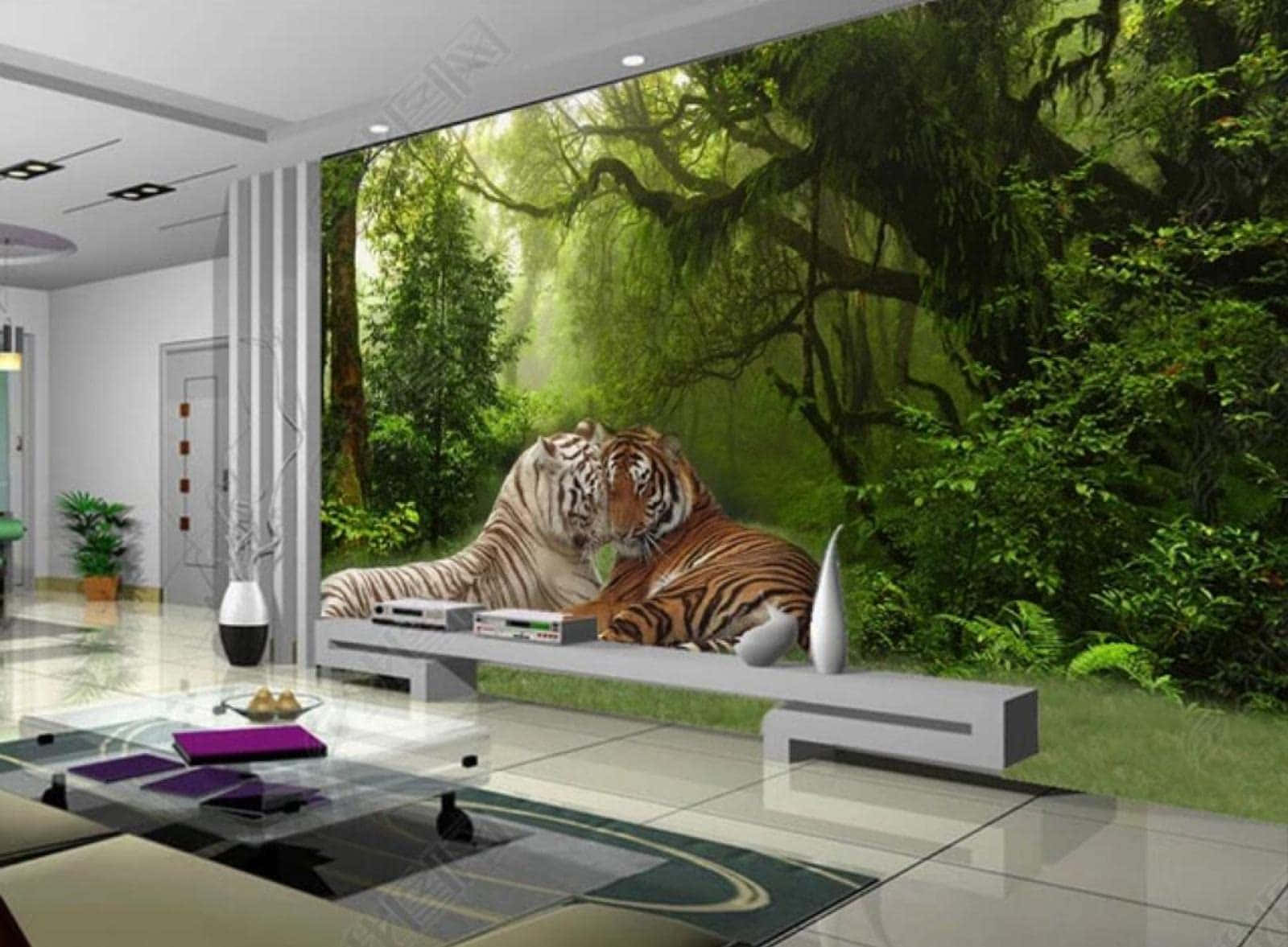 3d forest, lush green jungle, tigers, HD Desktop Wallpaper
