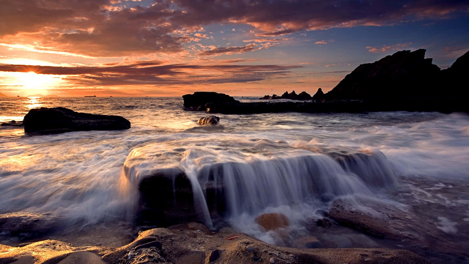 3d ocean, Sunset, fiery orange, HD Desktop Wallpaper