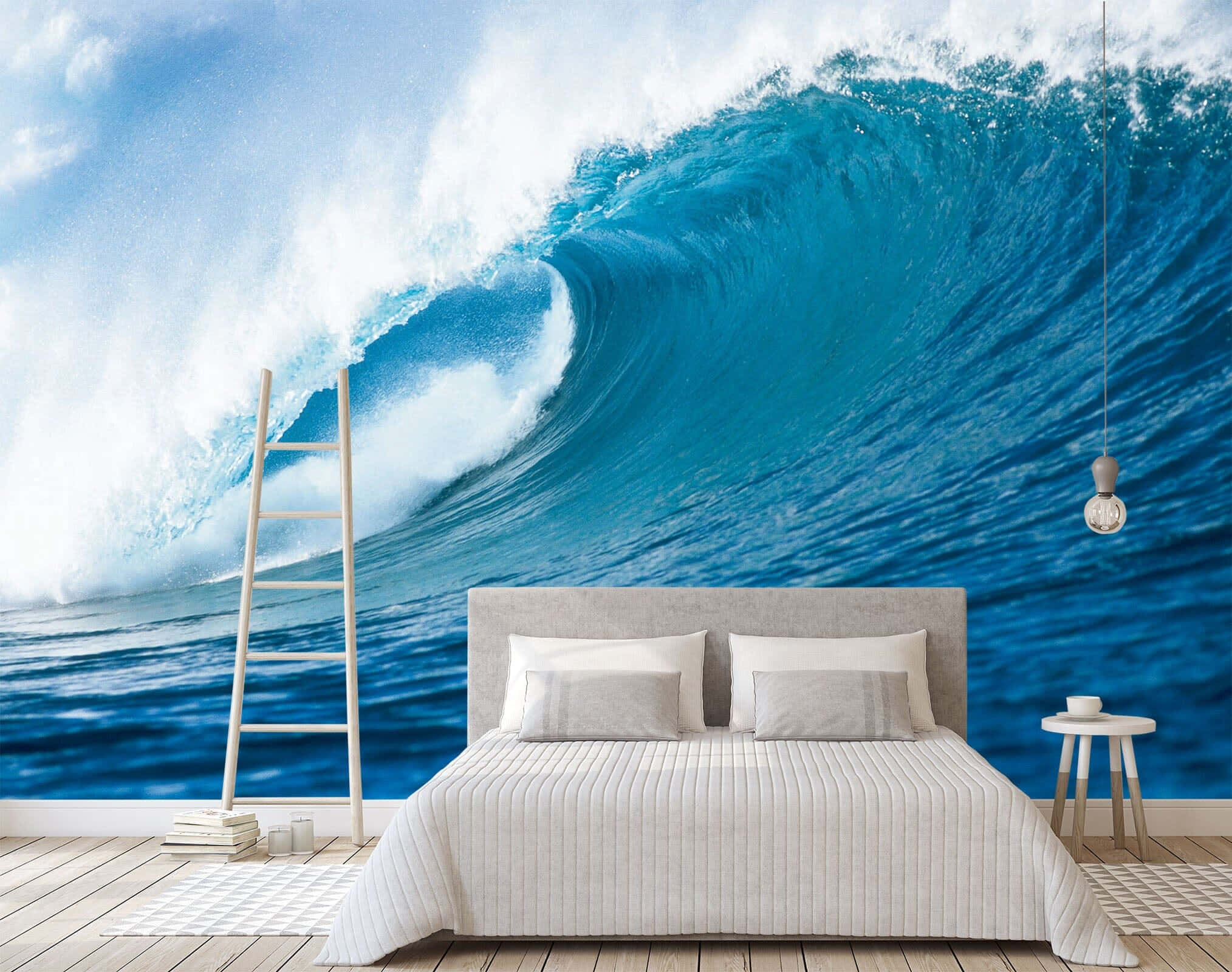 3d ocean, blue ocean wave, white bed ladder, Full HD Desktop Wallpaper