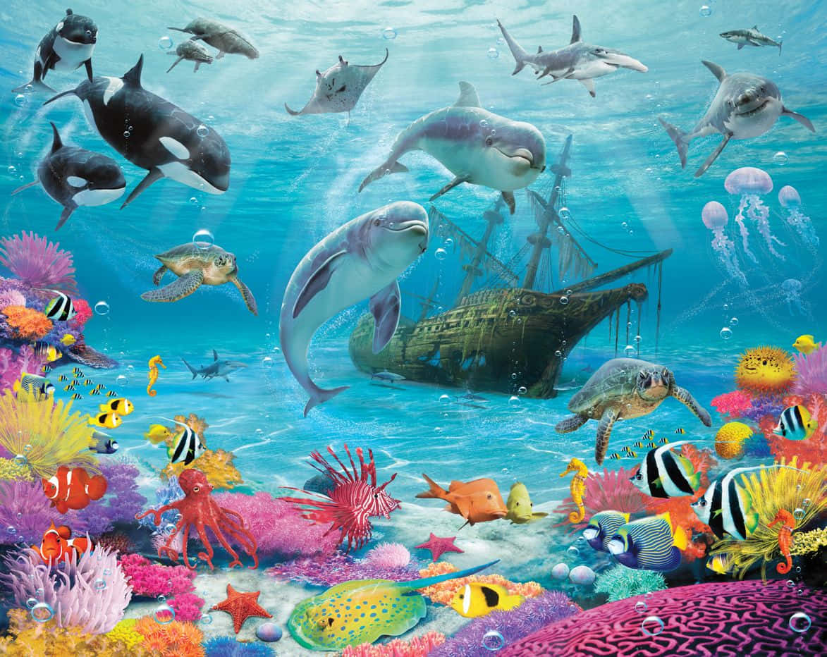 3d Ocean, dolphins, orcas, SD Desktop Wallpaper