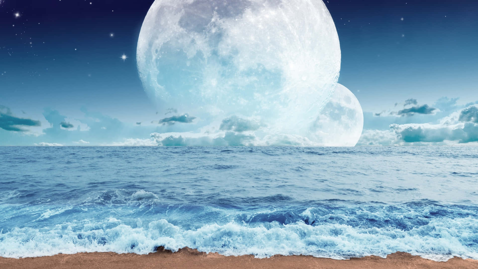 3d Ocean, turquoise ocean, two giant moons, Full HD Desktop Wallpaper