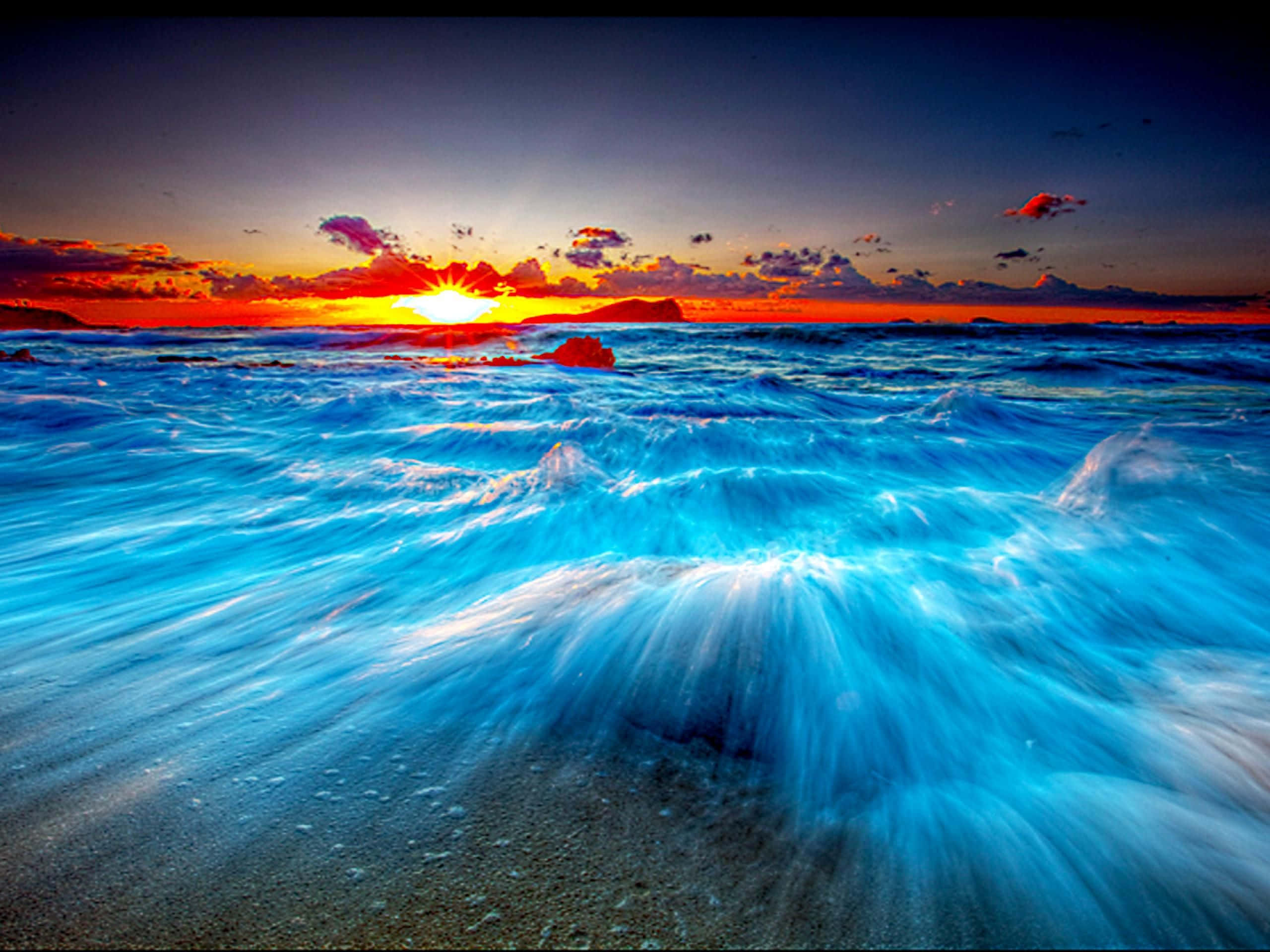 3d ocean, sunset, fiery orange, 2K Desktop Wallpaper