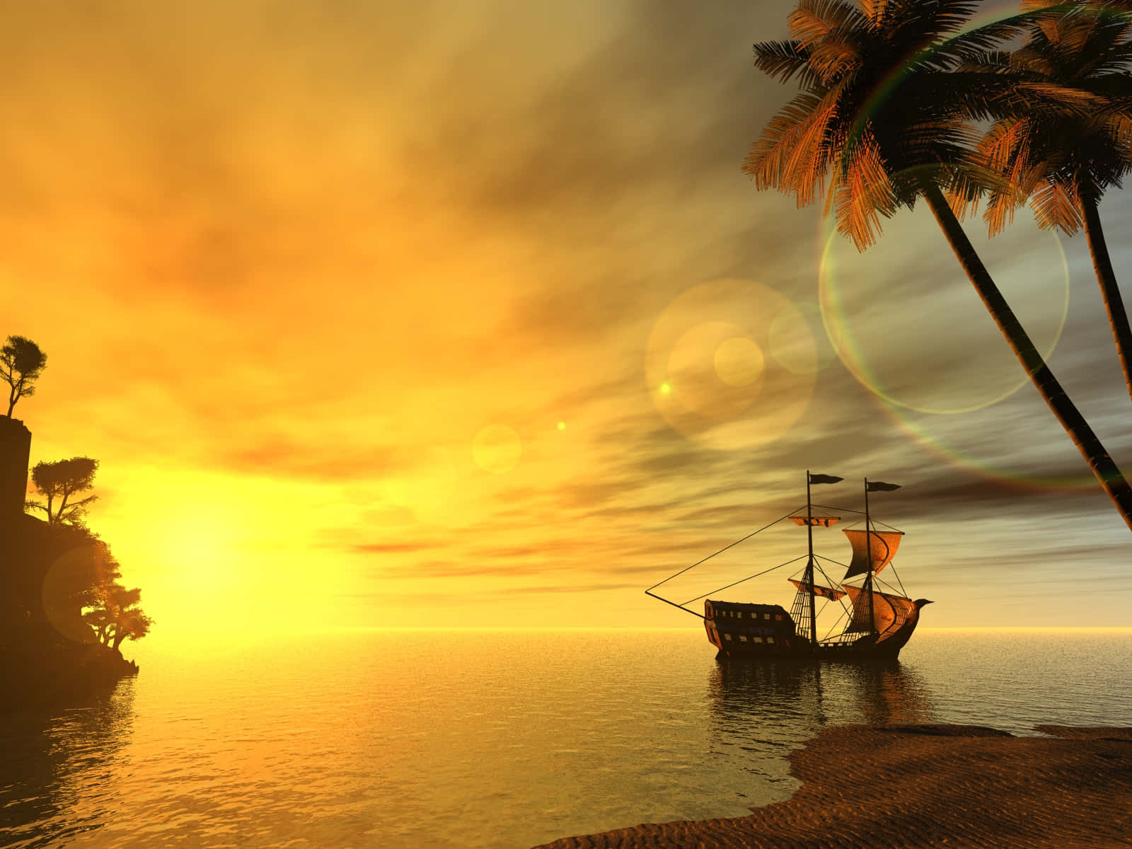 3d ocean, pirate ship, sunset, HD Desktop Wallpaper