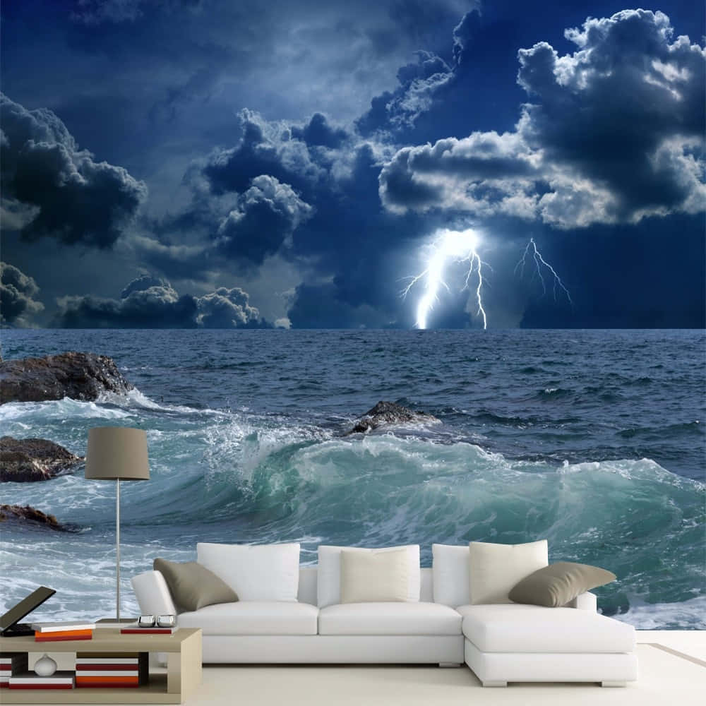 3d ocean, white sofa, crashing ocean waves, SD Desktop Wallpaper