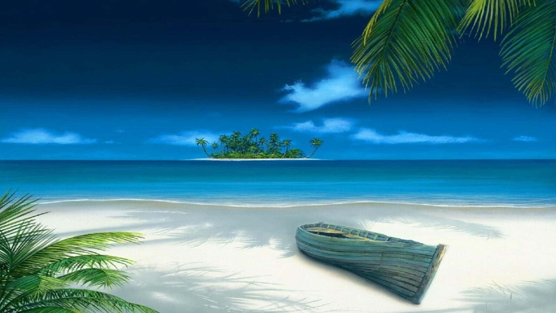 3d ocean, wooden boat, white sand beach, Full HD Desktop Wallpaper