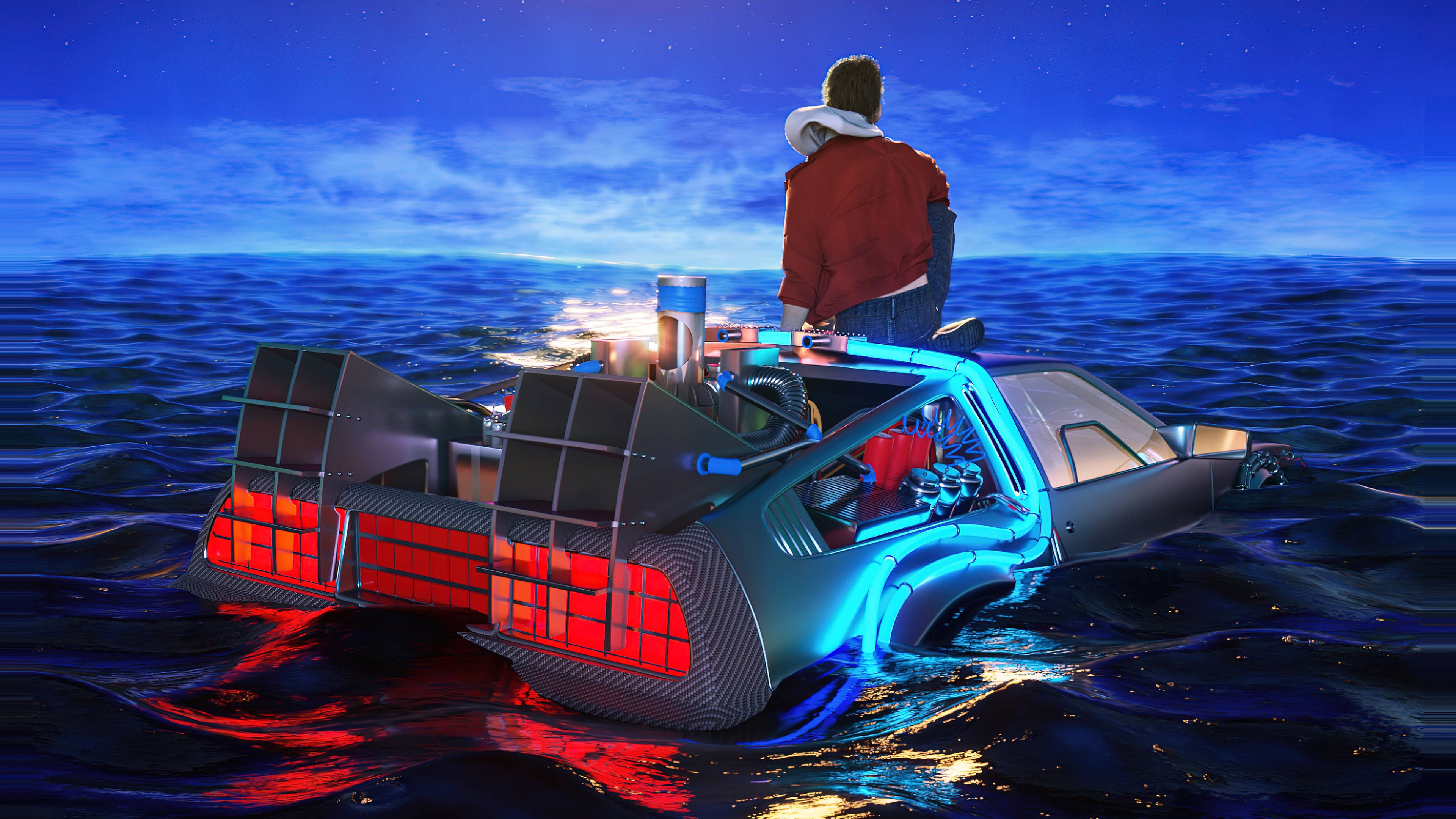 red jacket, glowing DeLorean, ocean waves, 4K Desktop Wallpaper
