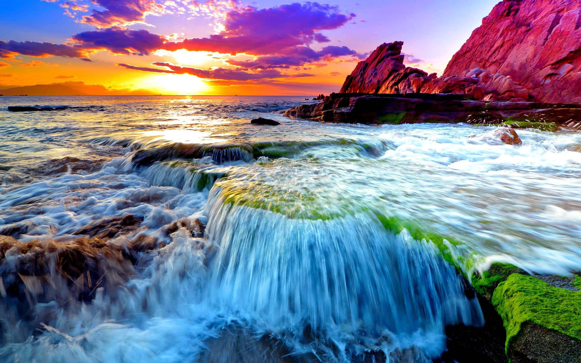 3d ocean, Sunset, fiery orange, Full HD Desktop Wallpaper