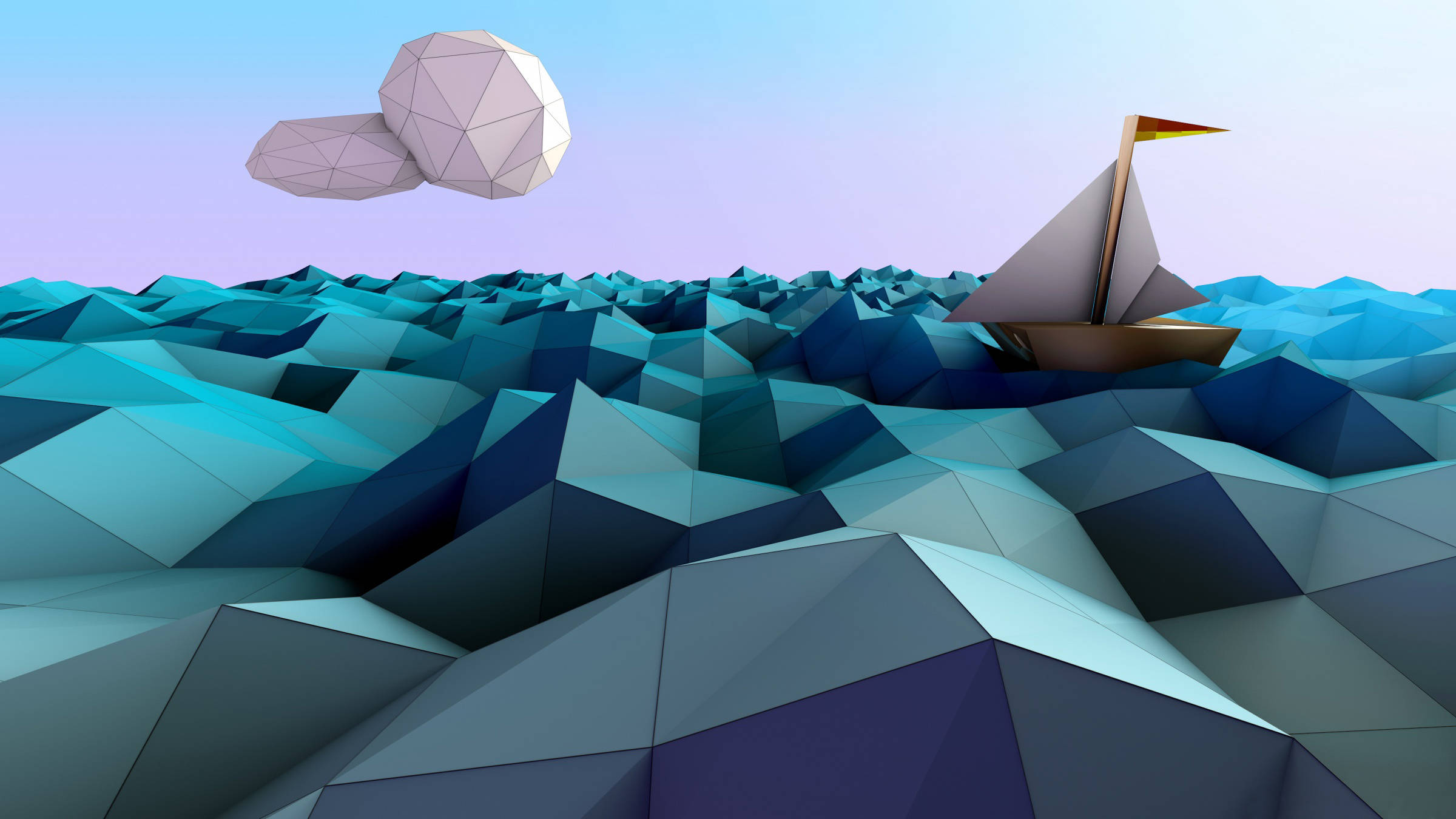 geometric sea, low-poly sailboat, stylized geometric ocean, Full HD Desktop Wallpaper