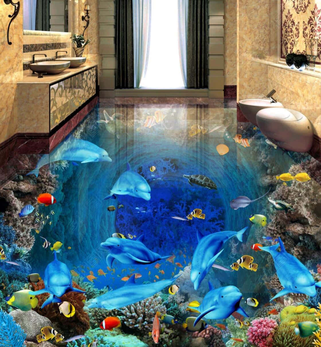 3d Ocean, bathroom floor, coral reef, SD Phone Wallpaper