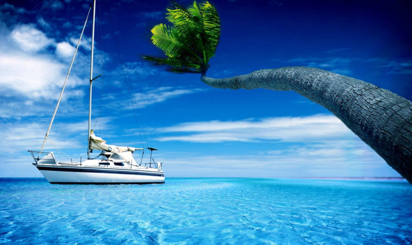 3d nature boat, tree, ocean, HD Desktop Wallpaper