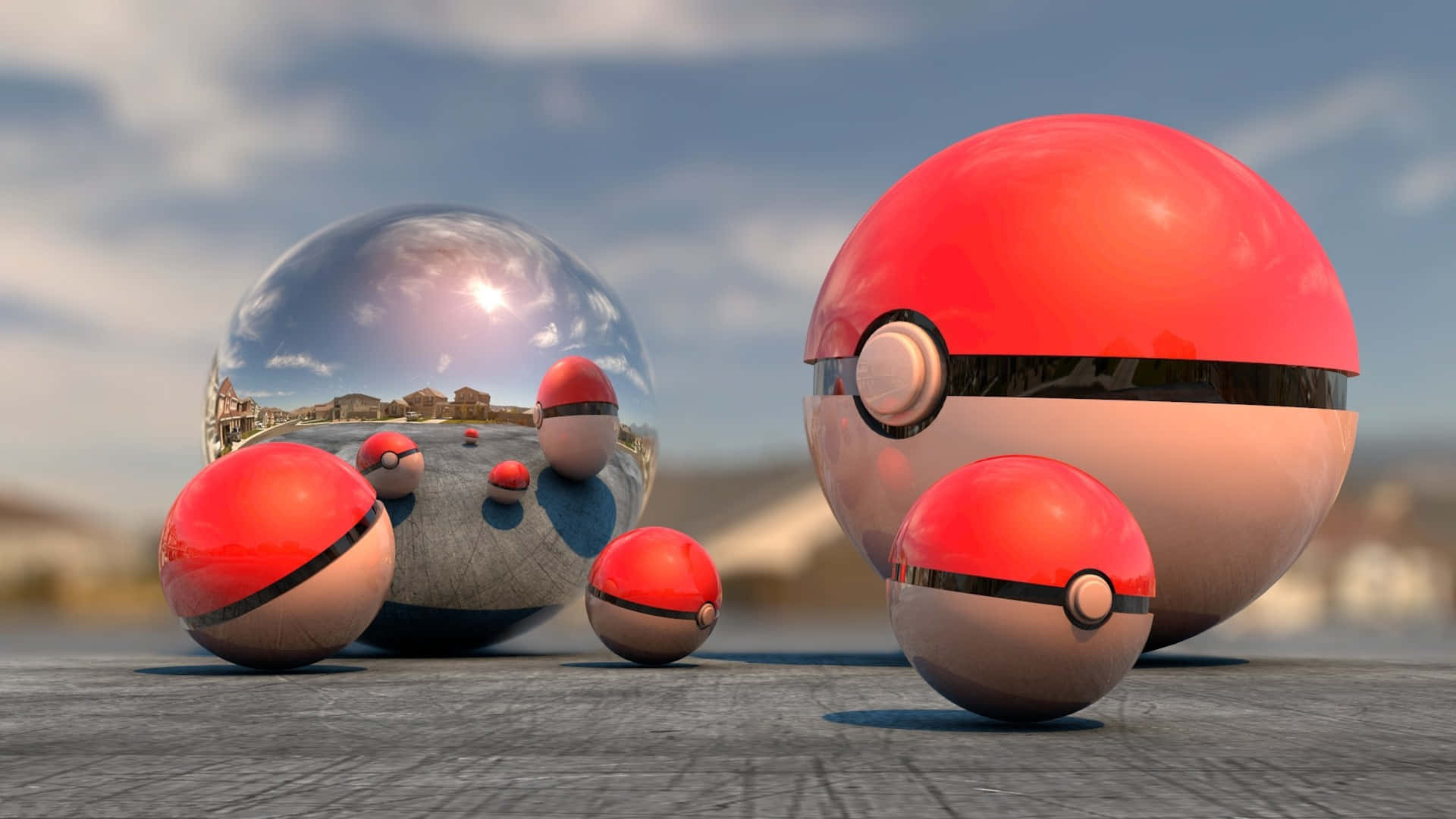3d Pokemon Go, glossy red and white Poké Balls, pavement, Full HD Desktop Wallpaper