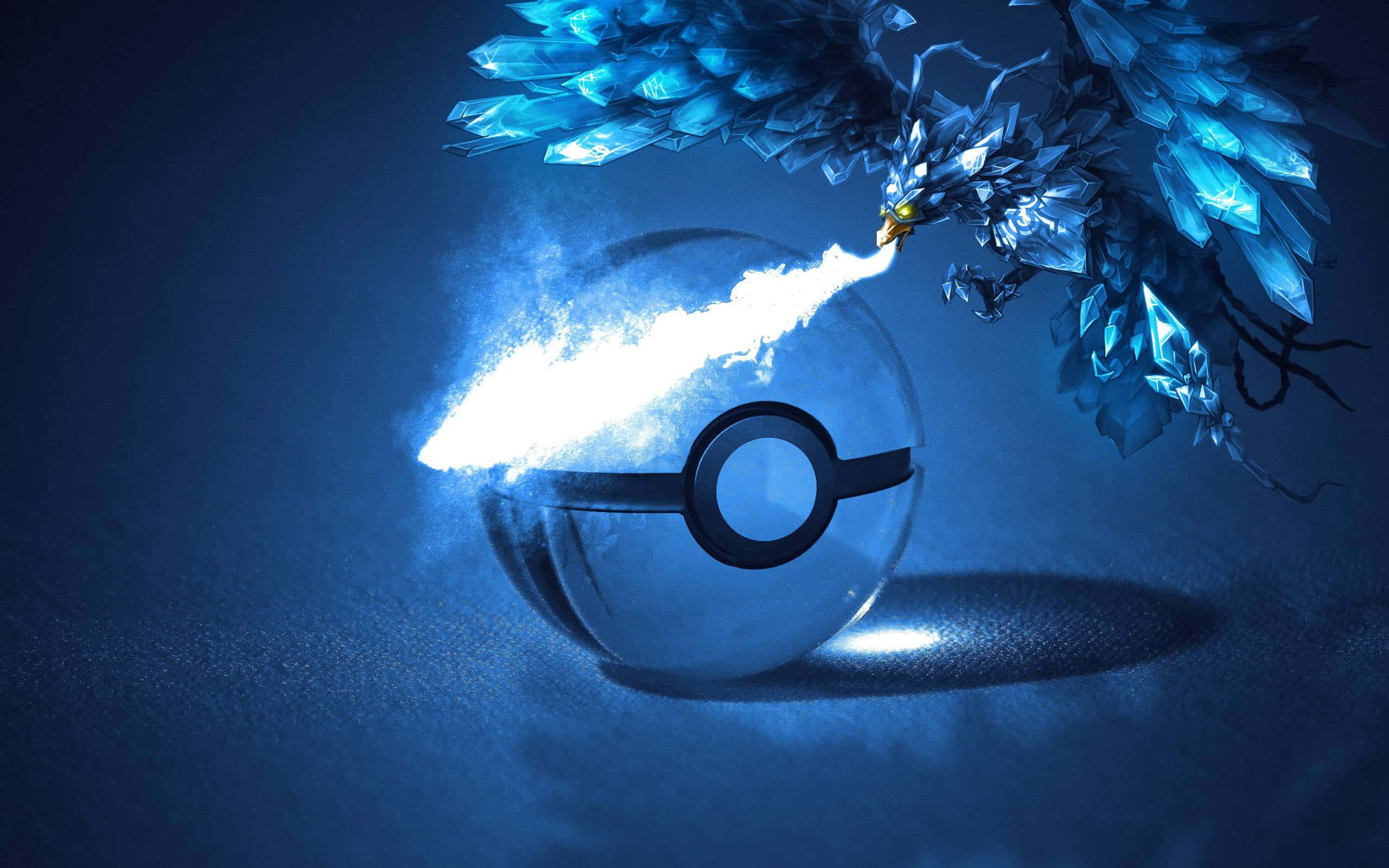 3d pokemon go, crystalline blue bird, glowing Poké Ball, 2K Desktop Wallpaper