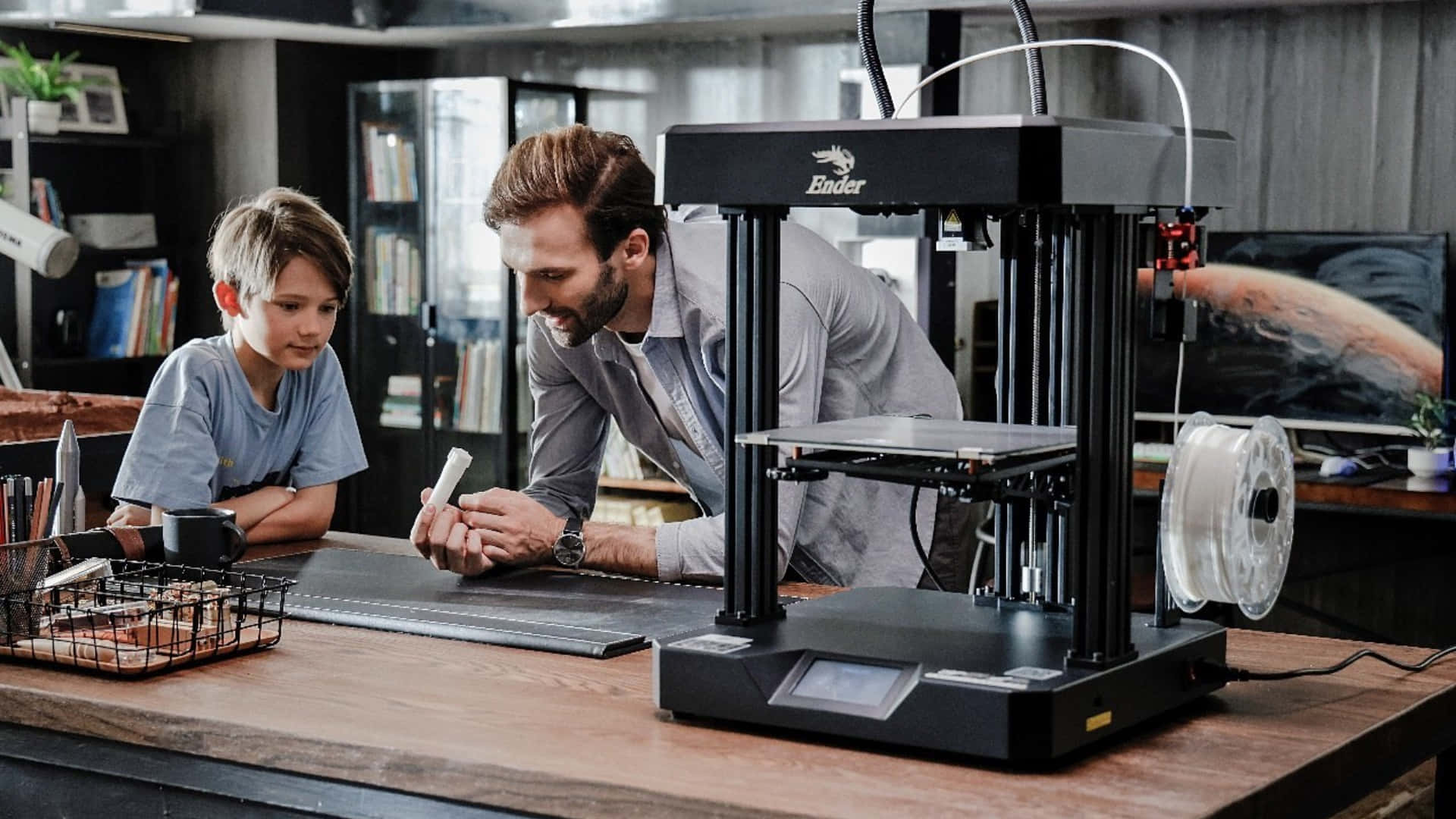 3D Printer, father and son, modern home workshop, Full HD Desktop Wallpaper