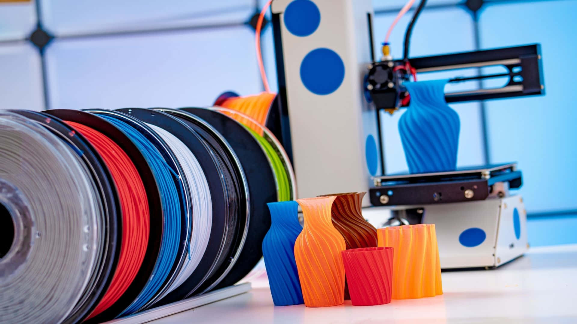 3D printer, blue filament, colorful spools, Full HD Desktop Wallpaper