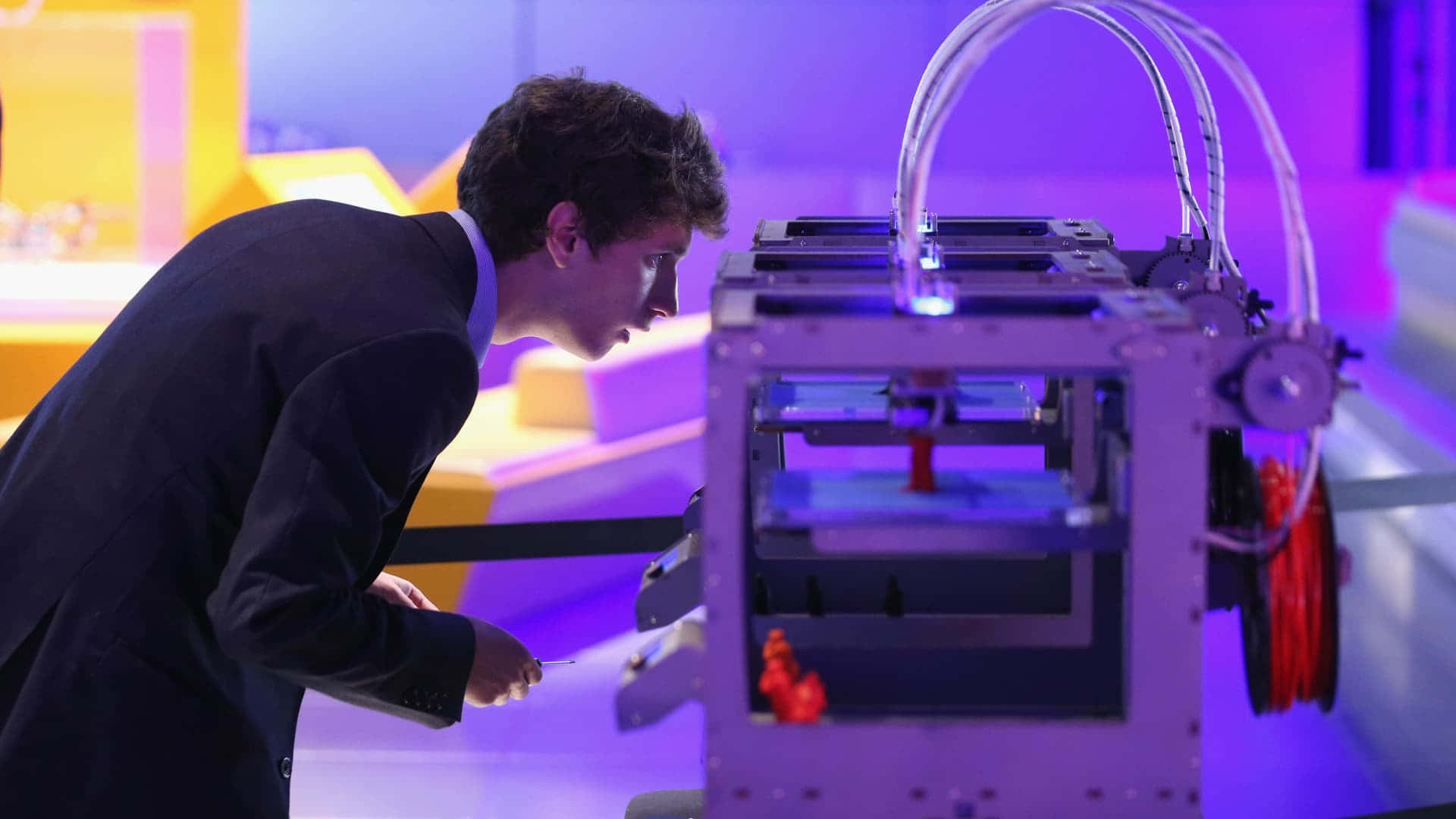 3d printer, purple and blue lights, modern tech exhibit, Full HD Desktop Wallpaper