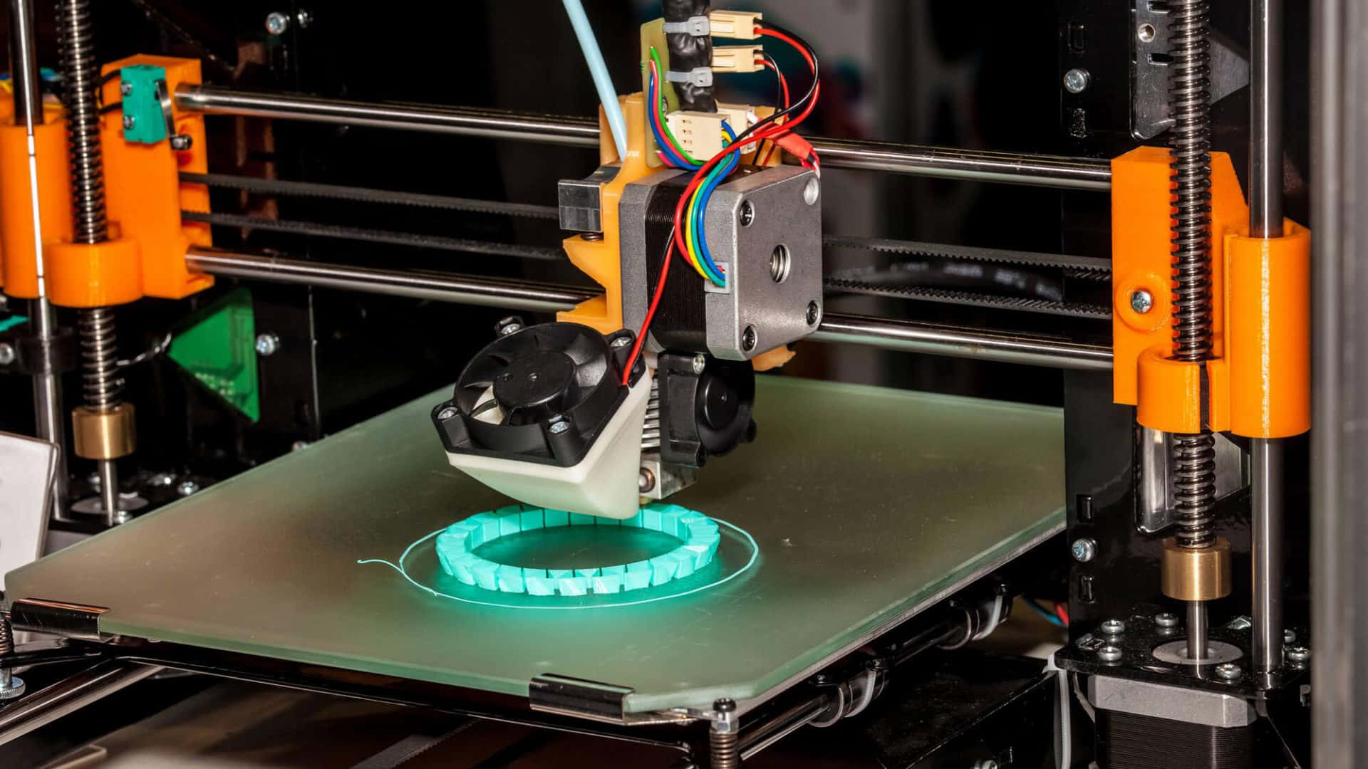 3d printer, glowing teal filament, circular gear, Full HD Desktop Wallpaper