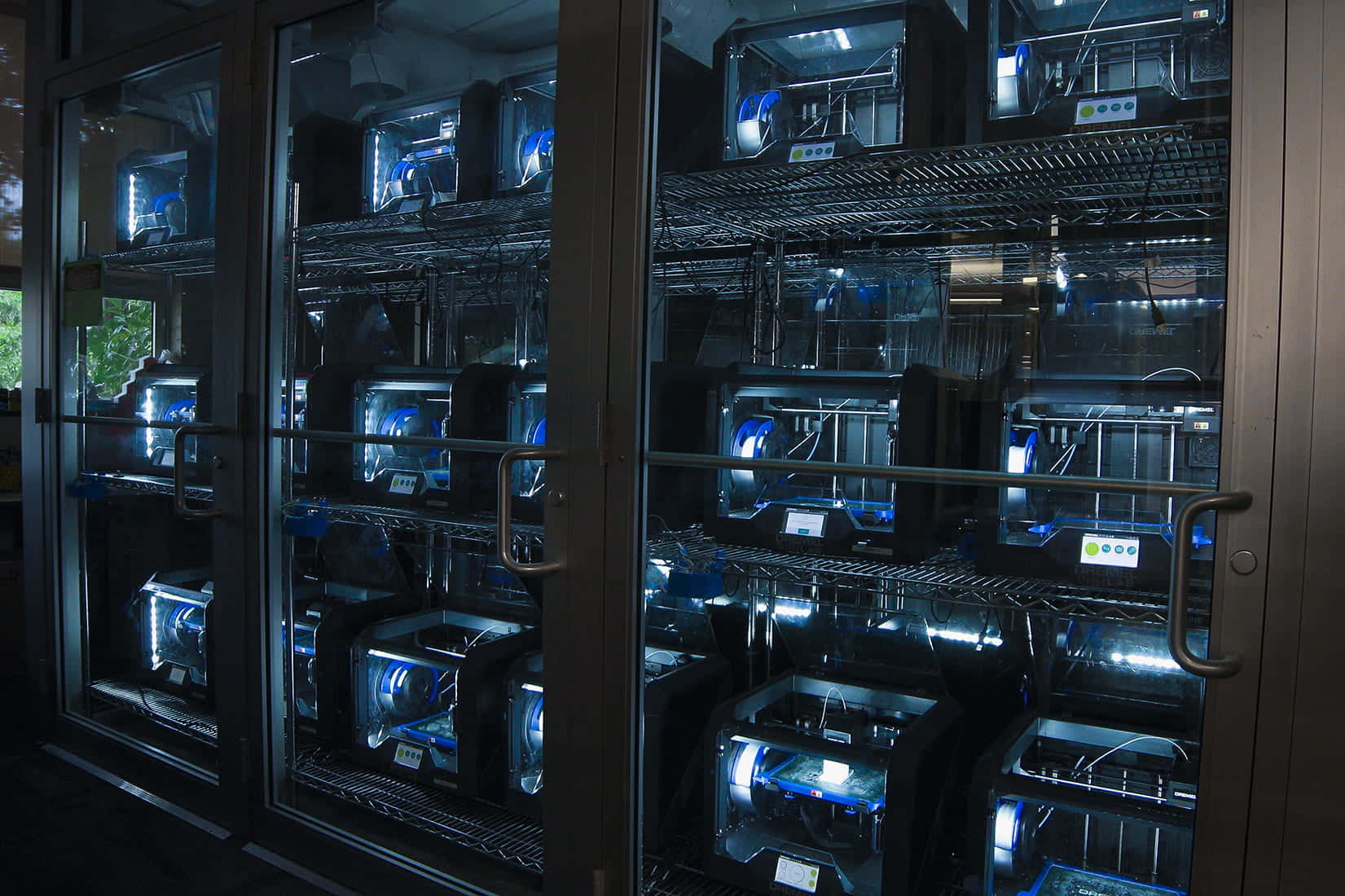 3d printer, blue light, glass-enclosed cabinets, HD Desktop Wallpaper