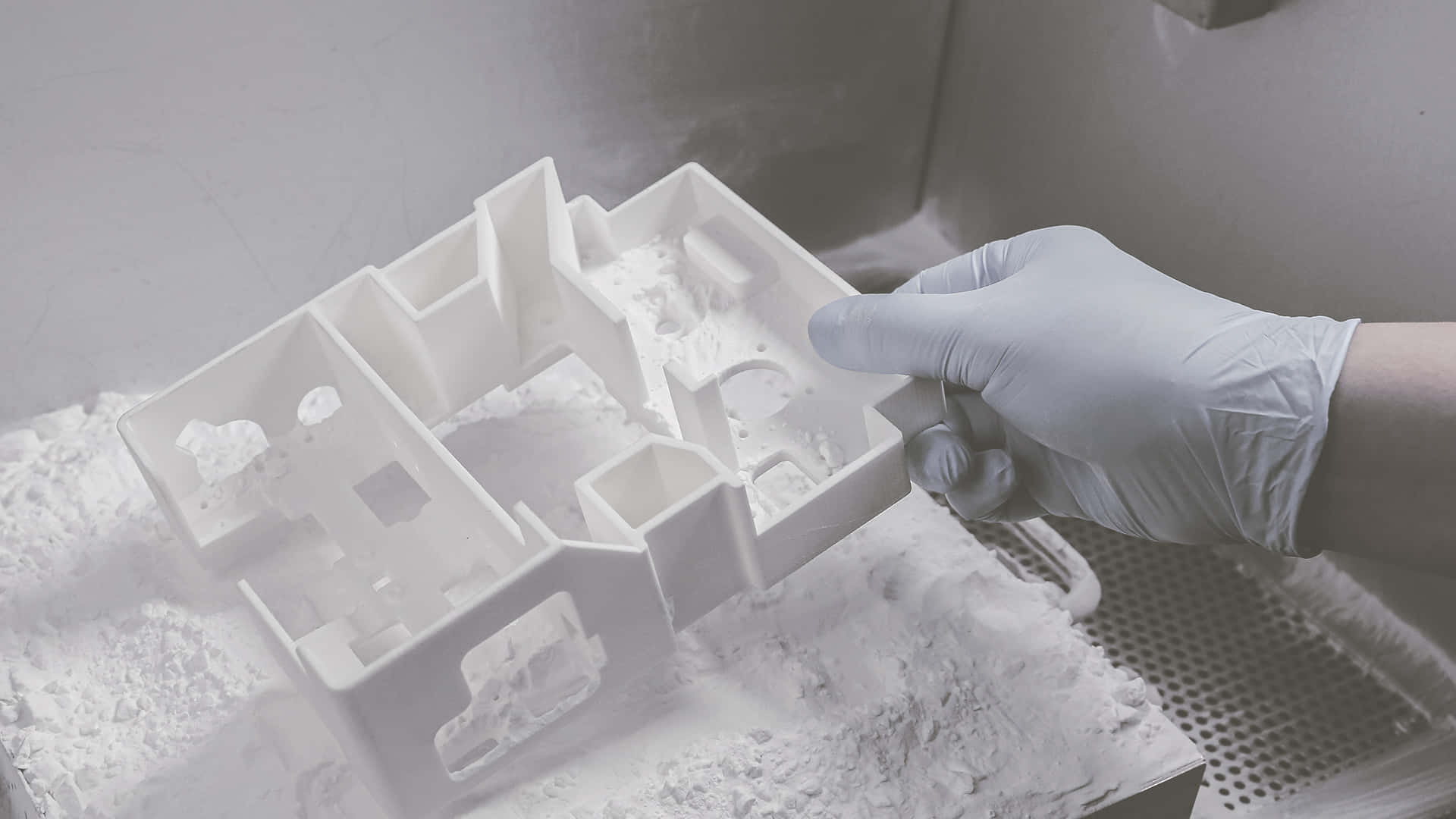 3d printer, white 3d-printed architectural model, bed of powder, Full HD Desktop Wallpaper