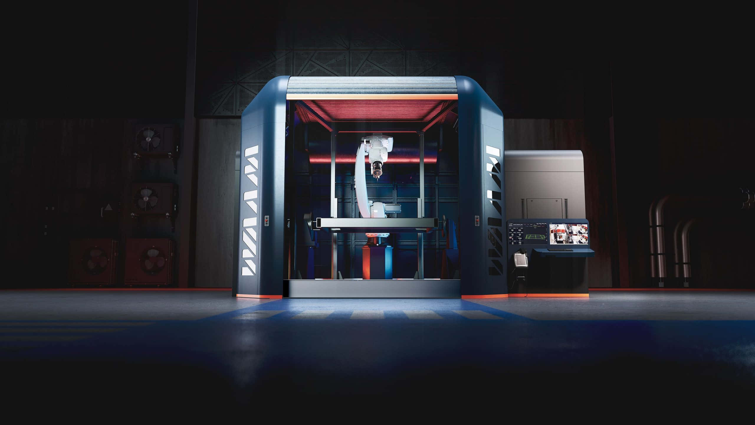 3D printer, sleek robotic arm, futuristic blue and red industrial machine, 2K Desktop Wallpaper
