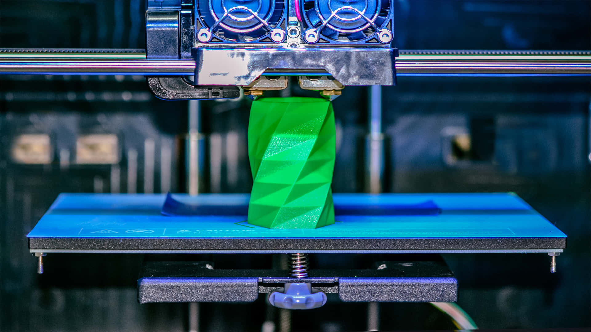 3D printer, vibrant green filament, geometric spiral object, Full HD Desktop Wallpaper