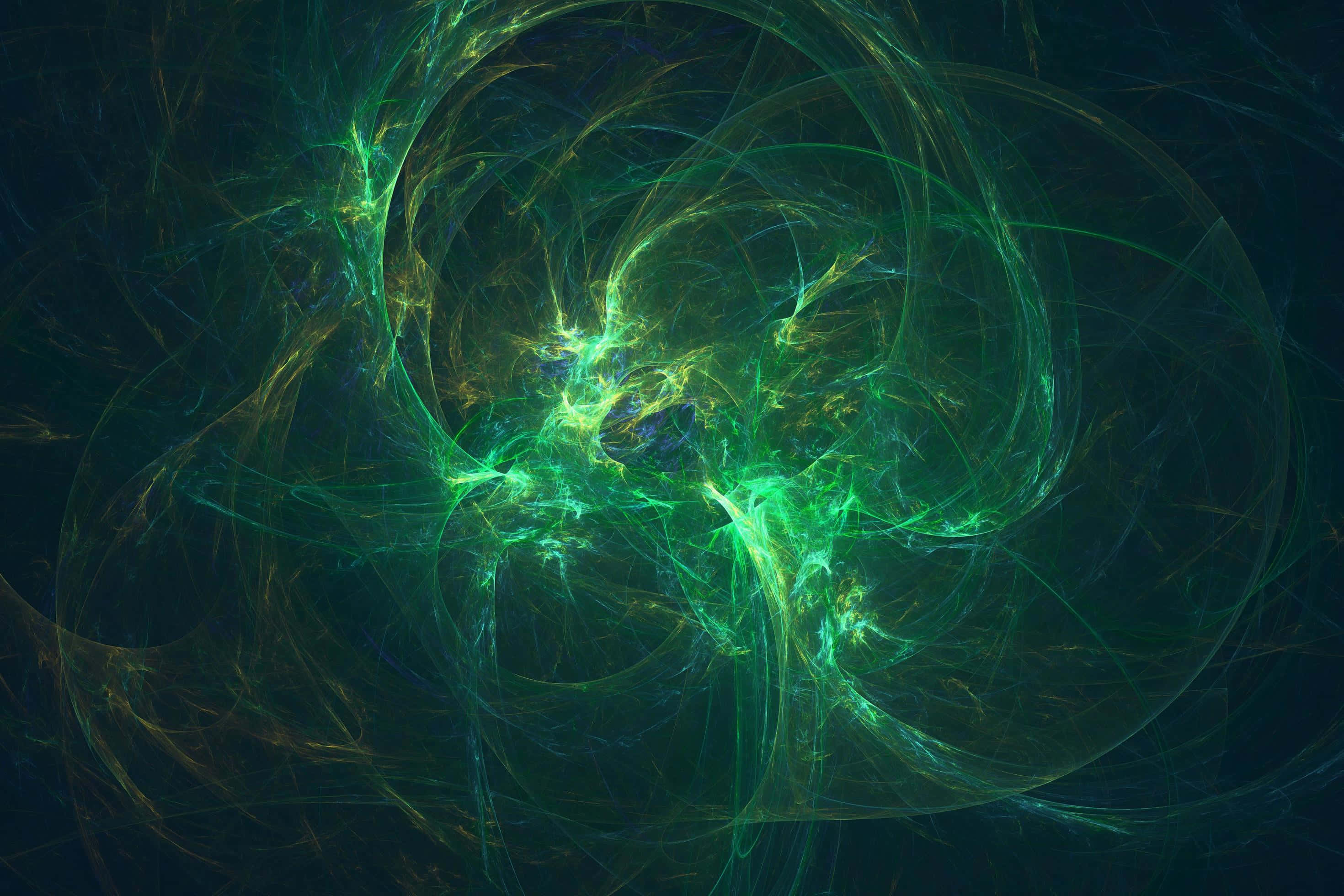 3D Printer, vibrant green, gold fractal energy swirls, 2K Desktop Wallpaper