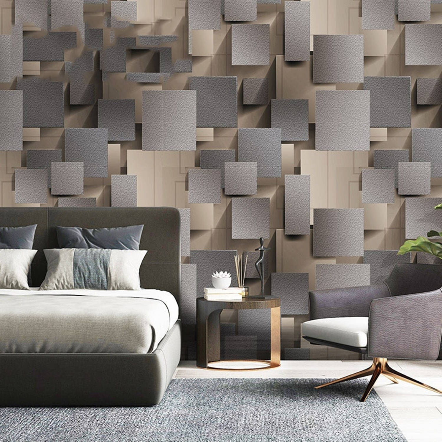 3d print cube wall, gray geometric 3d wall panels, modern bedroom, HD Desktop Wallpaper