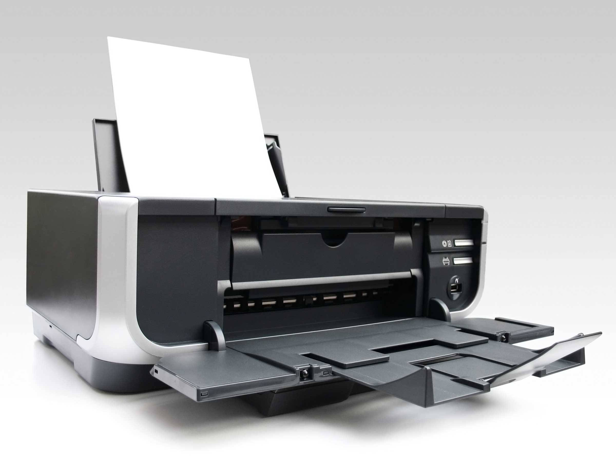 black and silver printer, paper tray open, blank sheet emerging from output slot, Full HD Desktop Wallpaper