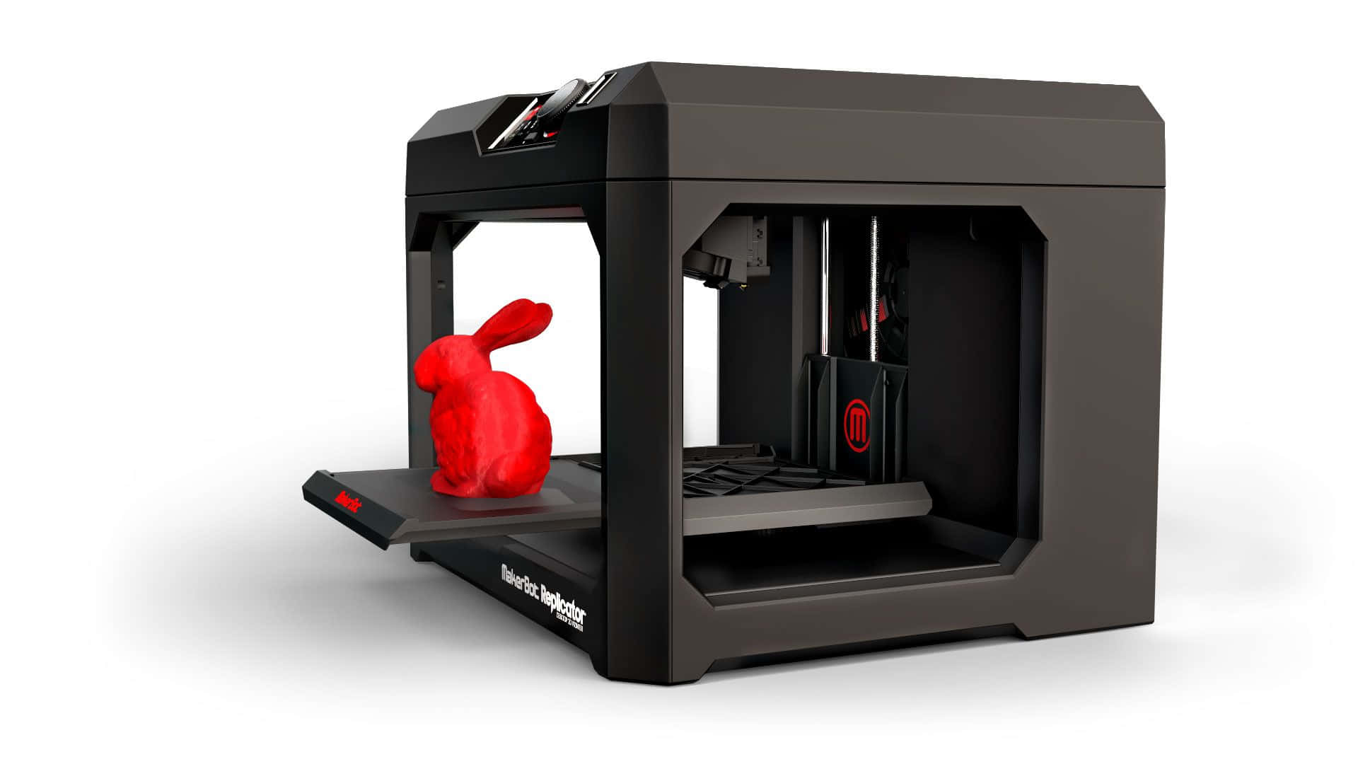 3d printer, sleek black, vibrant red rabbit figurine, Full HD Desktop Wallpaper