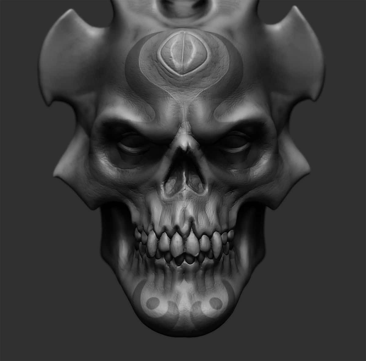 3d skull, monochrome, symmetrical horn-like protrusions, SD Desktop Wallpaper