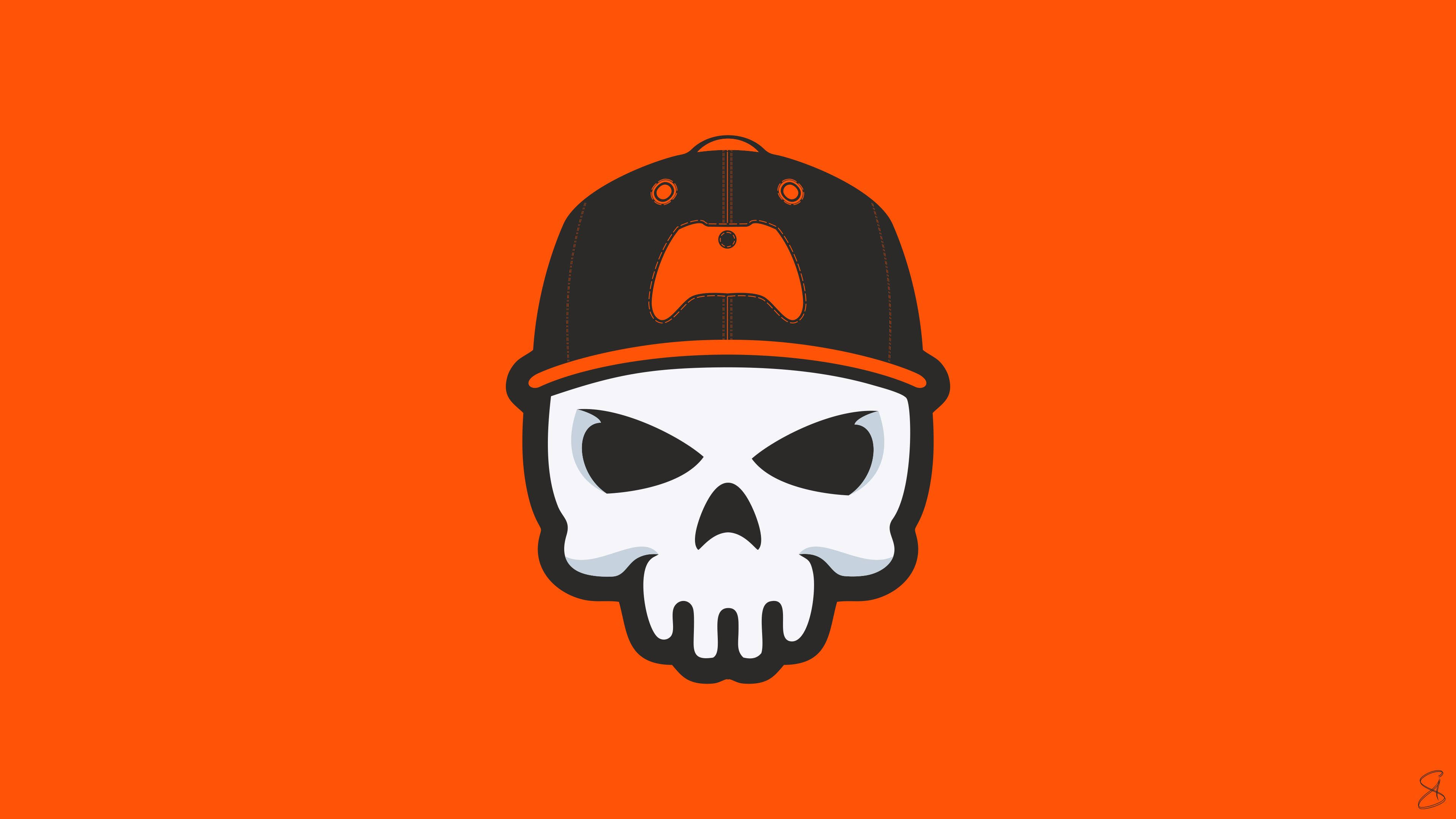 neon orange skull, white skull, black cap, 4K Desktop Wallpaper