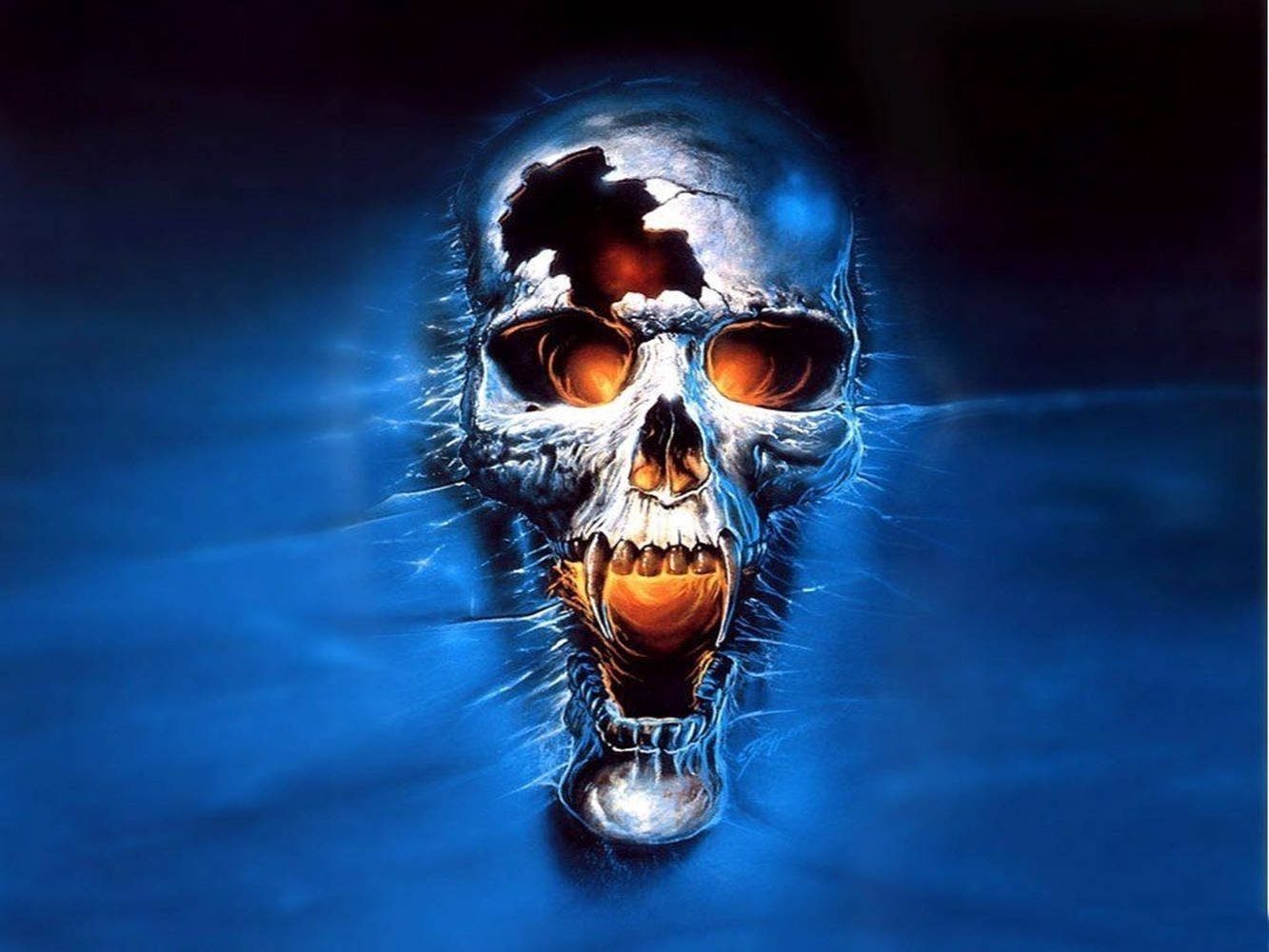 3d ghost broken skull, metallic skull, glowing orange eyes, HD Desktop Wallpaper
