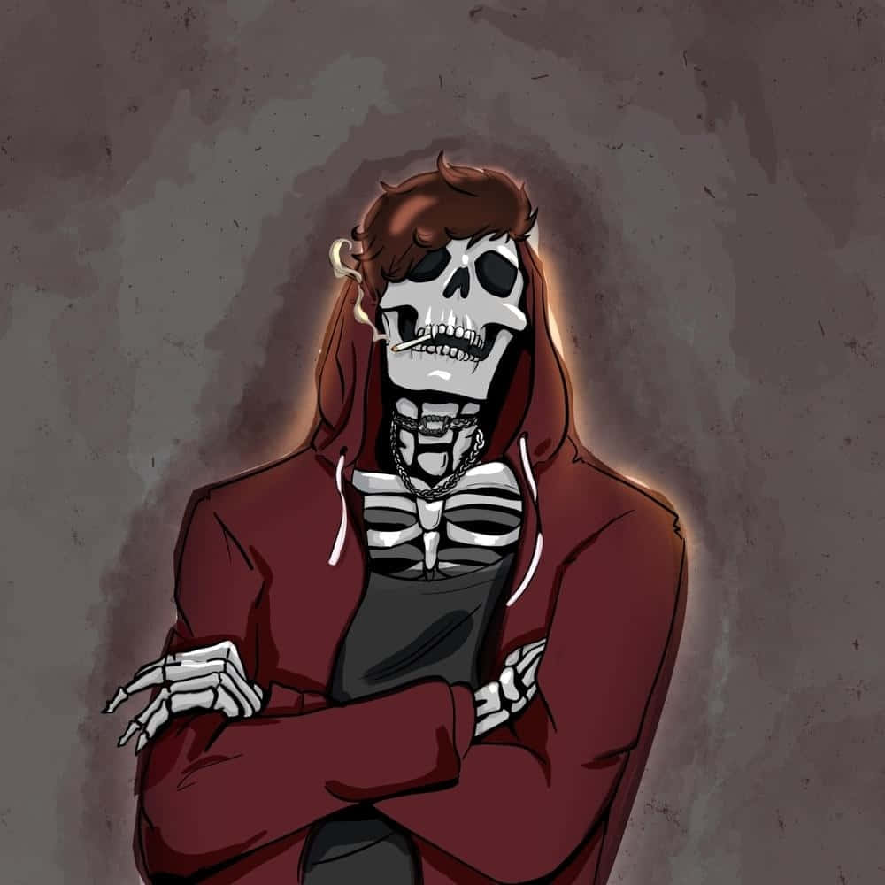 skull faced hoodie figure, brown hair, red hoodie, SD Desktop Wallpaper