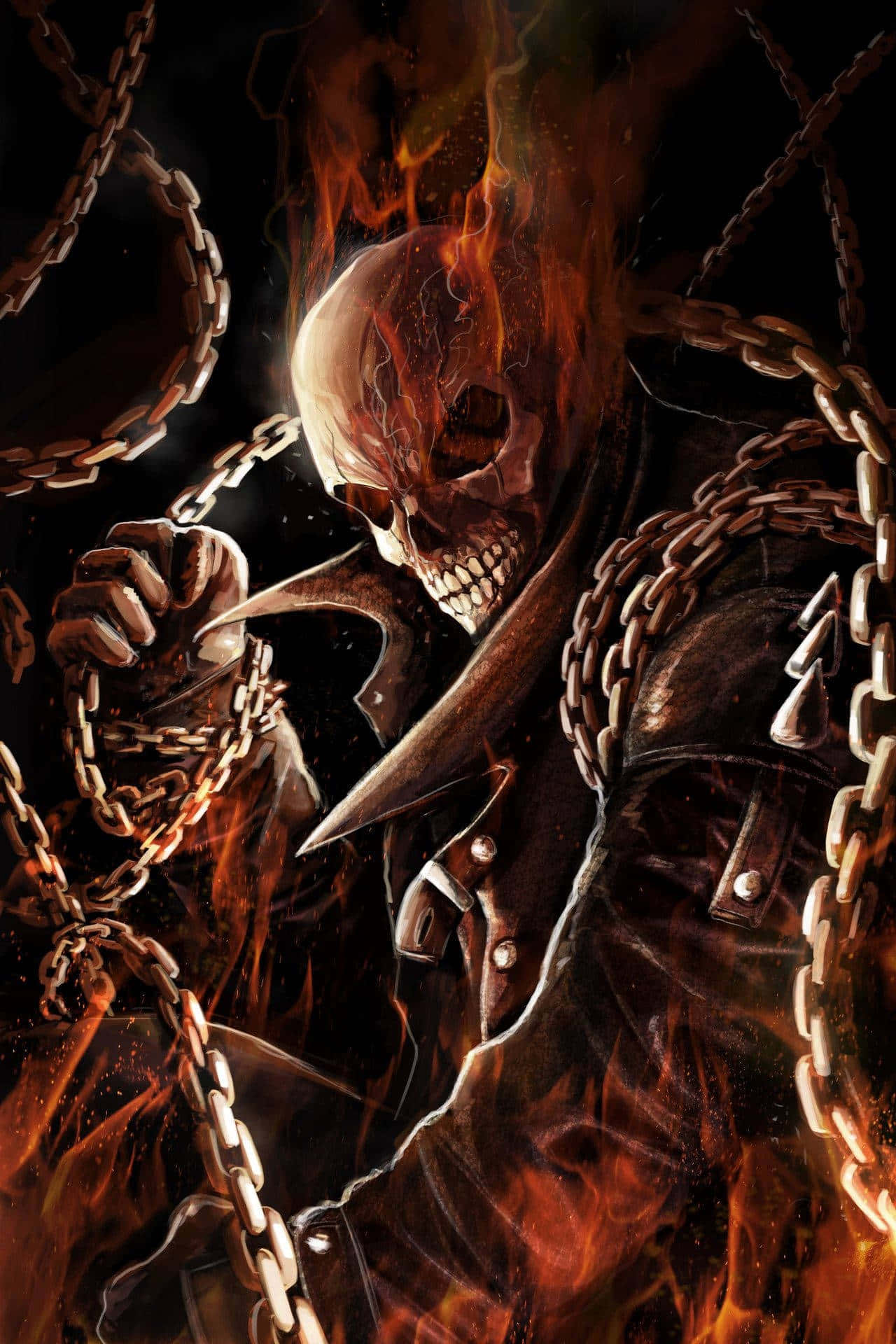 3d Skull, chains, chain on fire, Full HD Phone Wallpaper