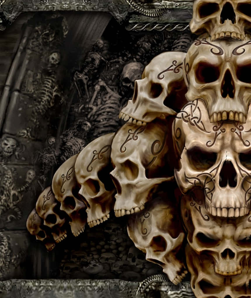 3d skull, gothic alcove, ornately tattooed skulls, SD Phone Wallpaper
