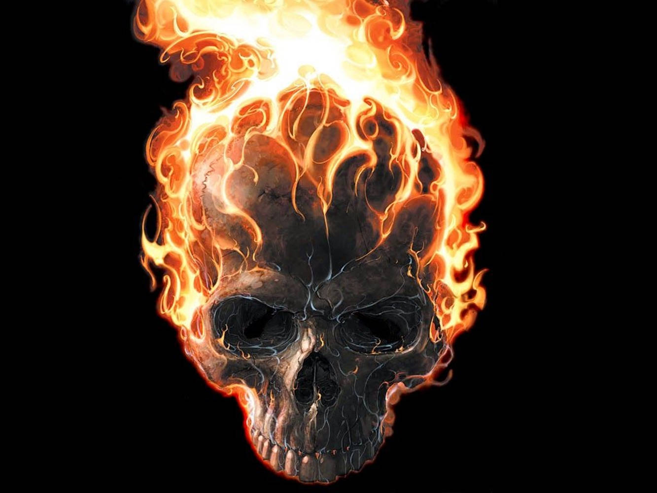 3d ghost skull, flaming skull, orange and yellow fire, HD Desktop Wallpaper