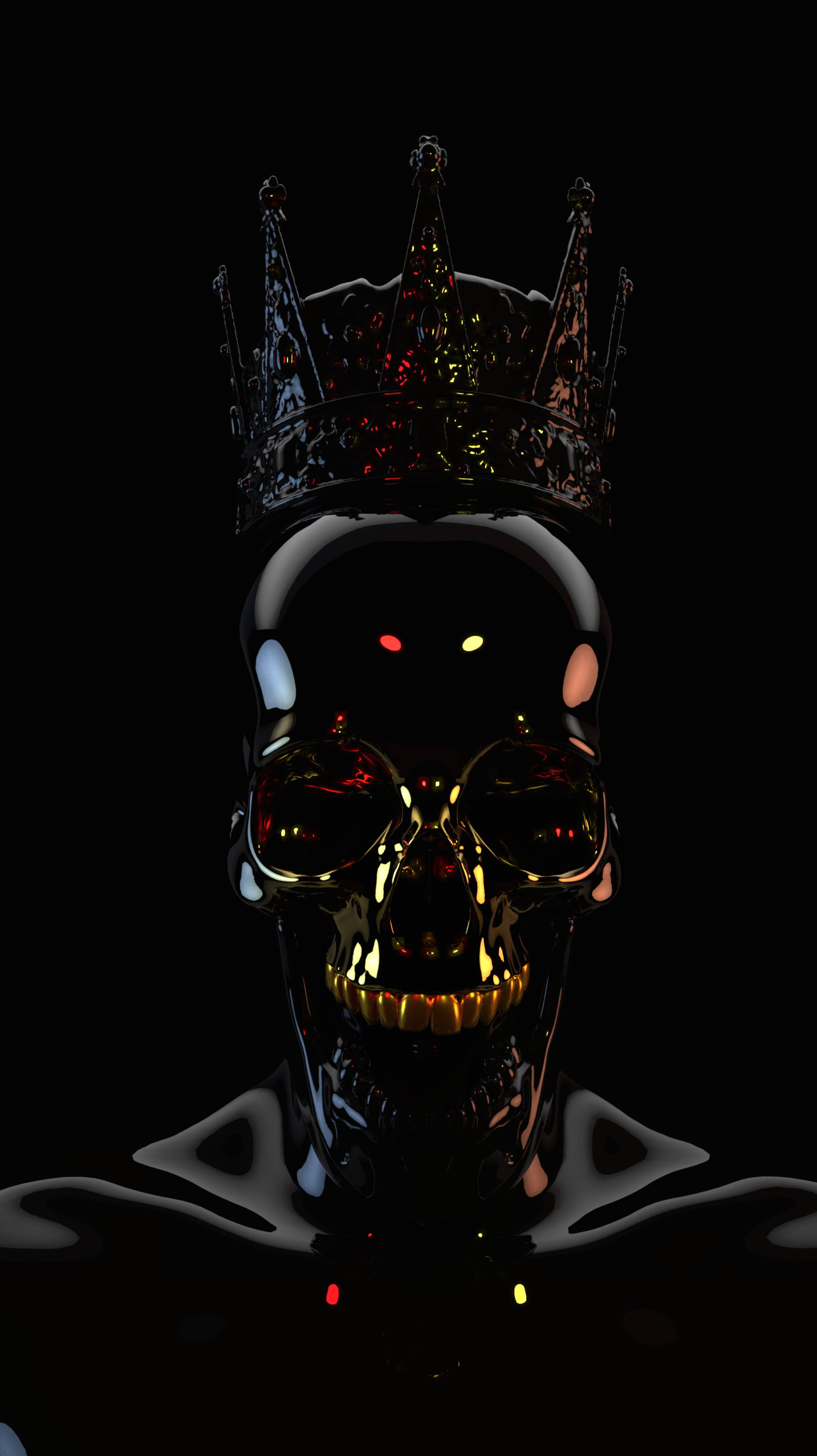 3d gangster skull, spiked crown, glowing red and yellow eyes, 4K Phone Wallpaper