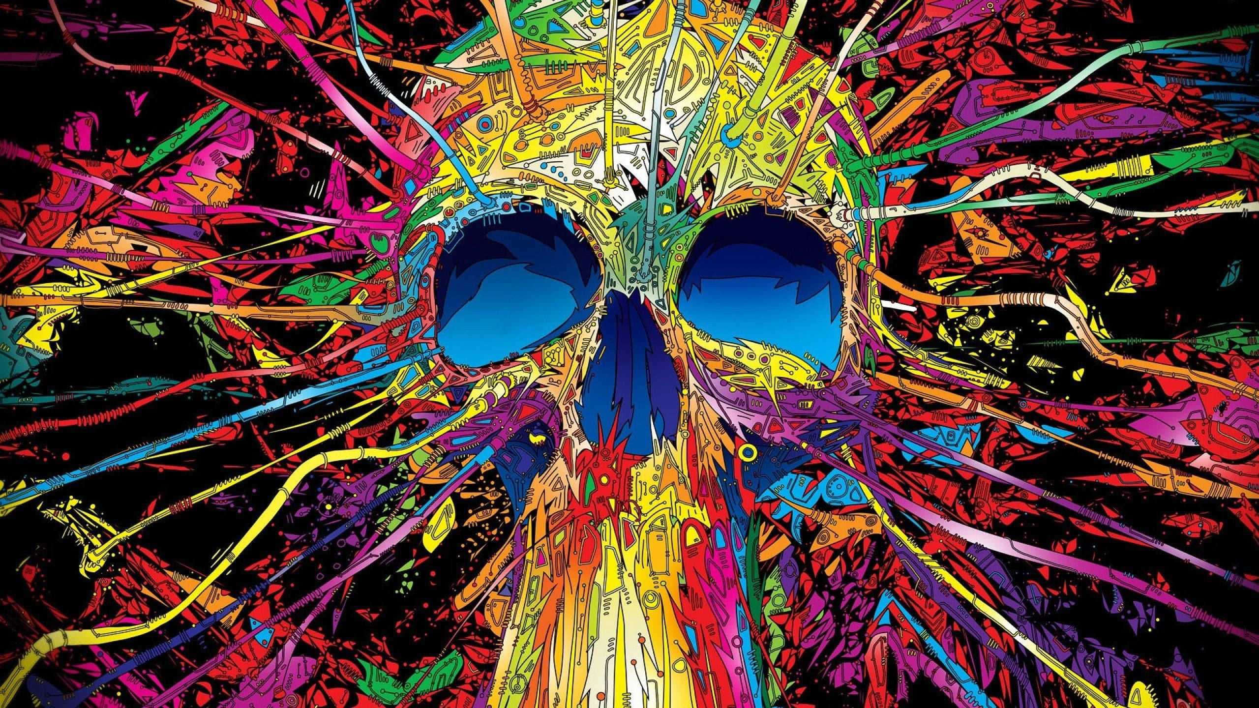 colorful doodle skull, electric blue eye sockets, multicolored lines, 2K Desktop Wallpaper