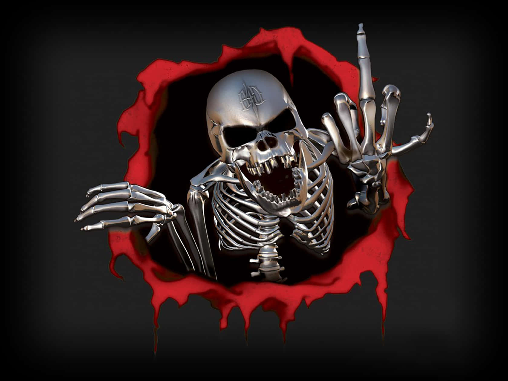 3d Skull, metallic skeleton, red torn hole, HD Desktop Wallpaper