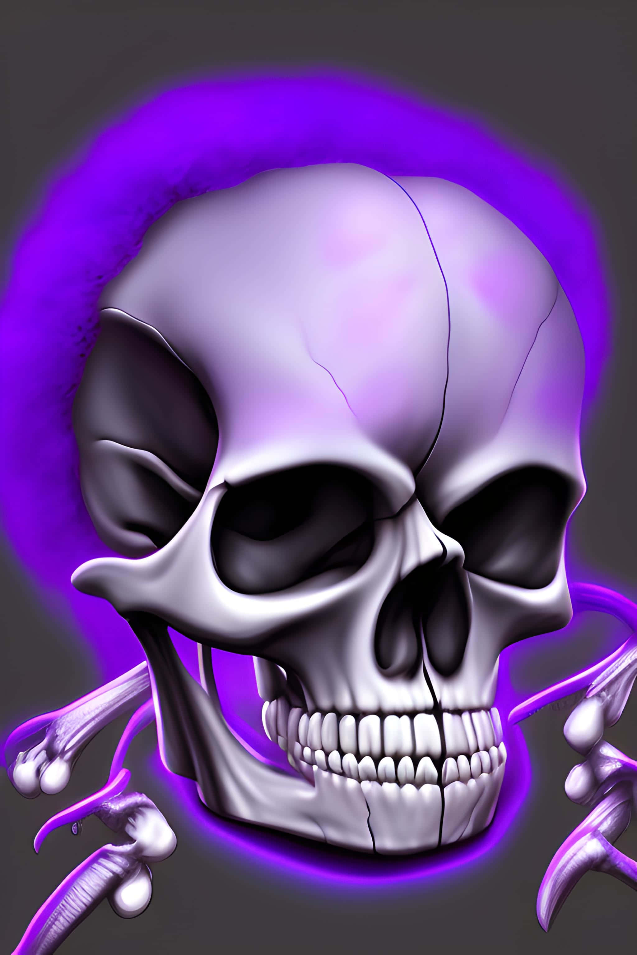 purple halo, glossy white skull, glowing purple aura, 2K Phone Wallpaper