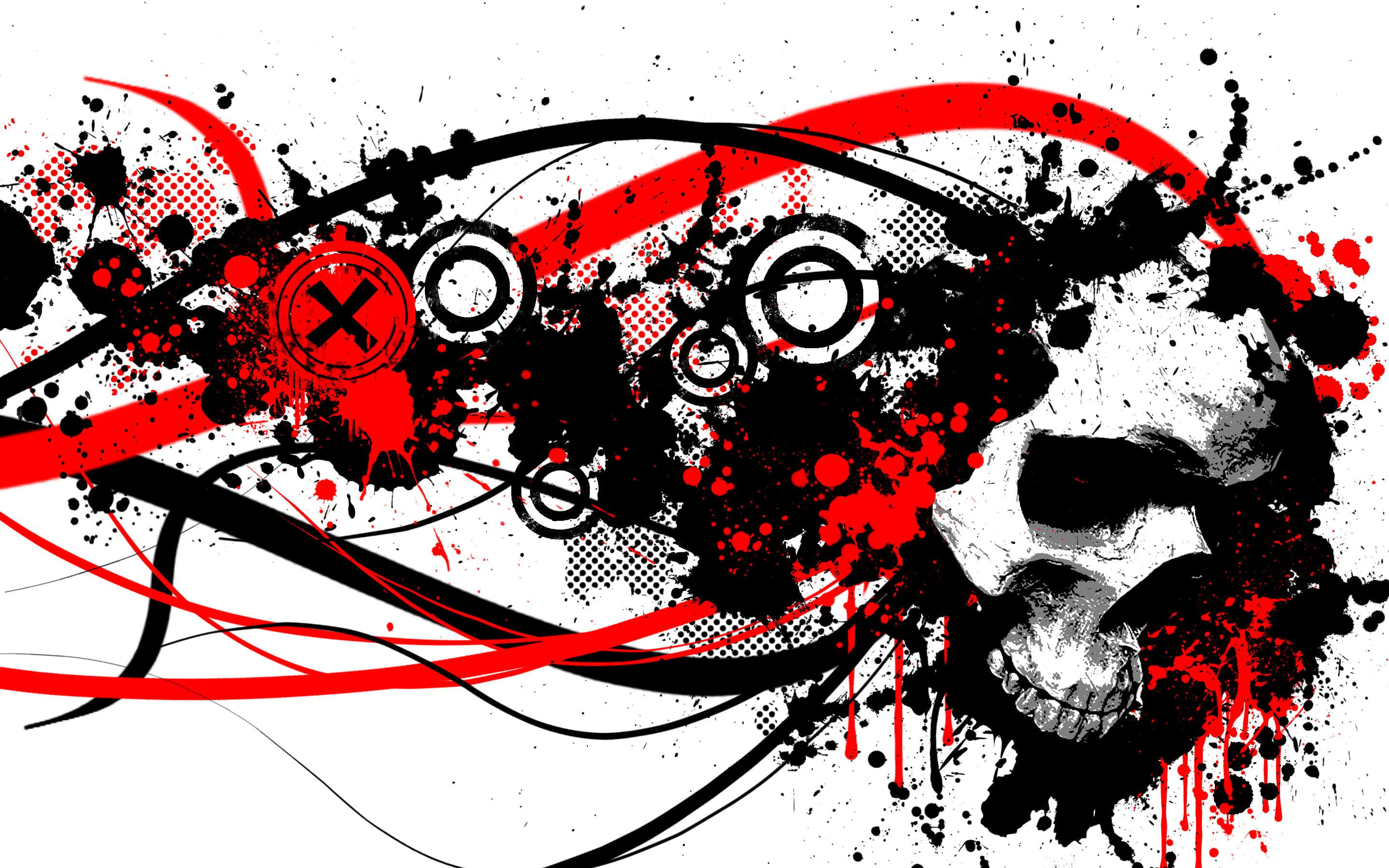 abstract skull artwork, red splatters, black ink swirls, 2K Desktop Wallpaper