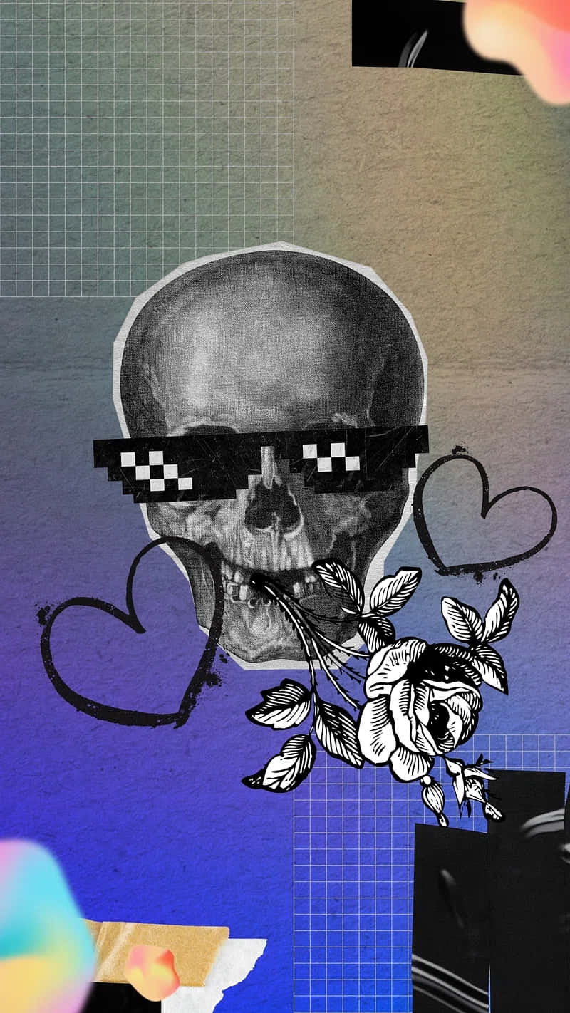 skull, pixelated sunglasses, black rose, HD Phone Wallpaper