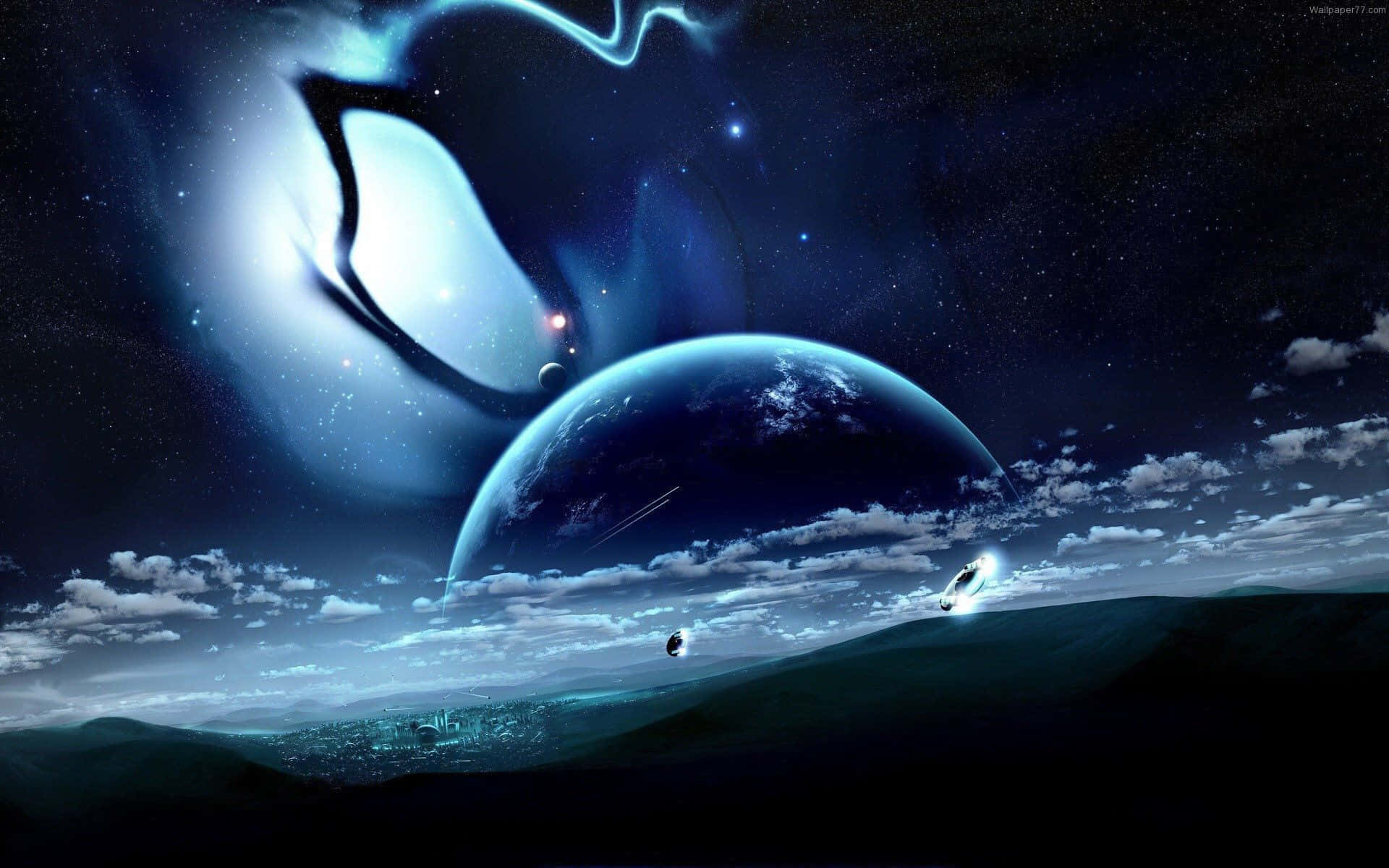 3d Space, glowing blue planet, swirling nebula, Full HD Desktop Wallpaper