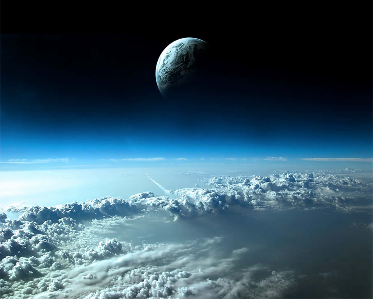 3d space, rocket, fluffy white clouds, HD Desktop Wallpaper