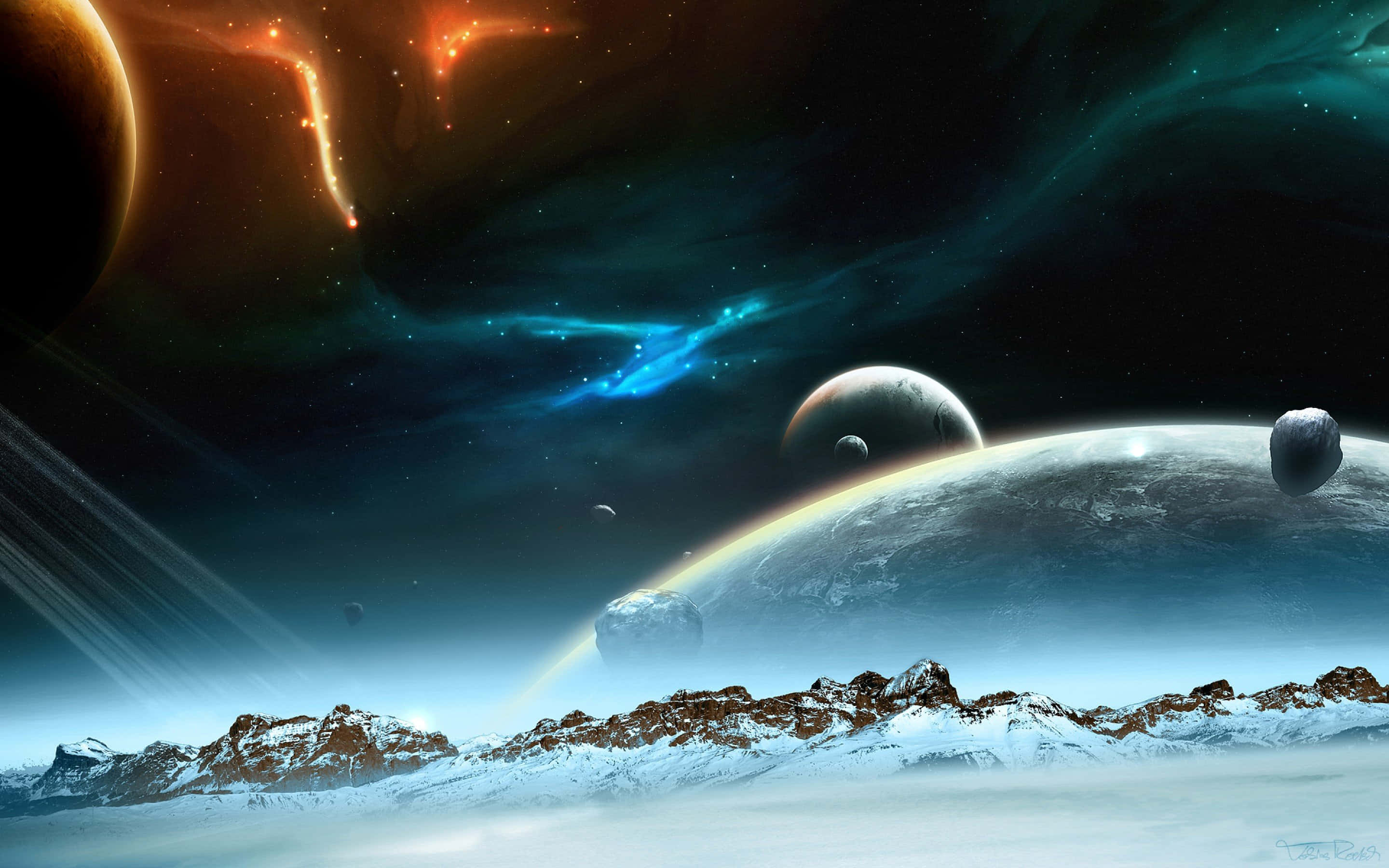 cosmic space, vibrant cosmic sky, glowing nebulae, 2K Desktop Wallpaper