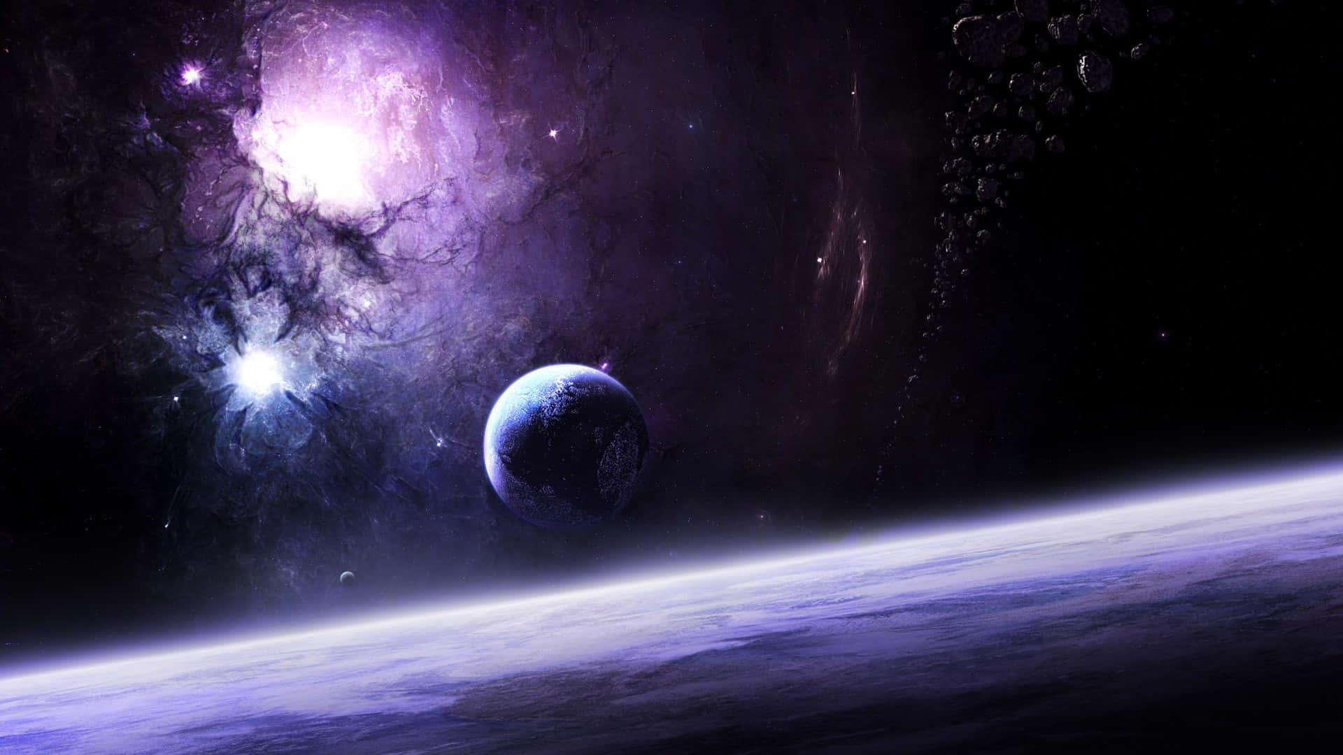 Galactic Exploration, glowing purple nebula, distant planet, Full HD Desktop Wallpaper